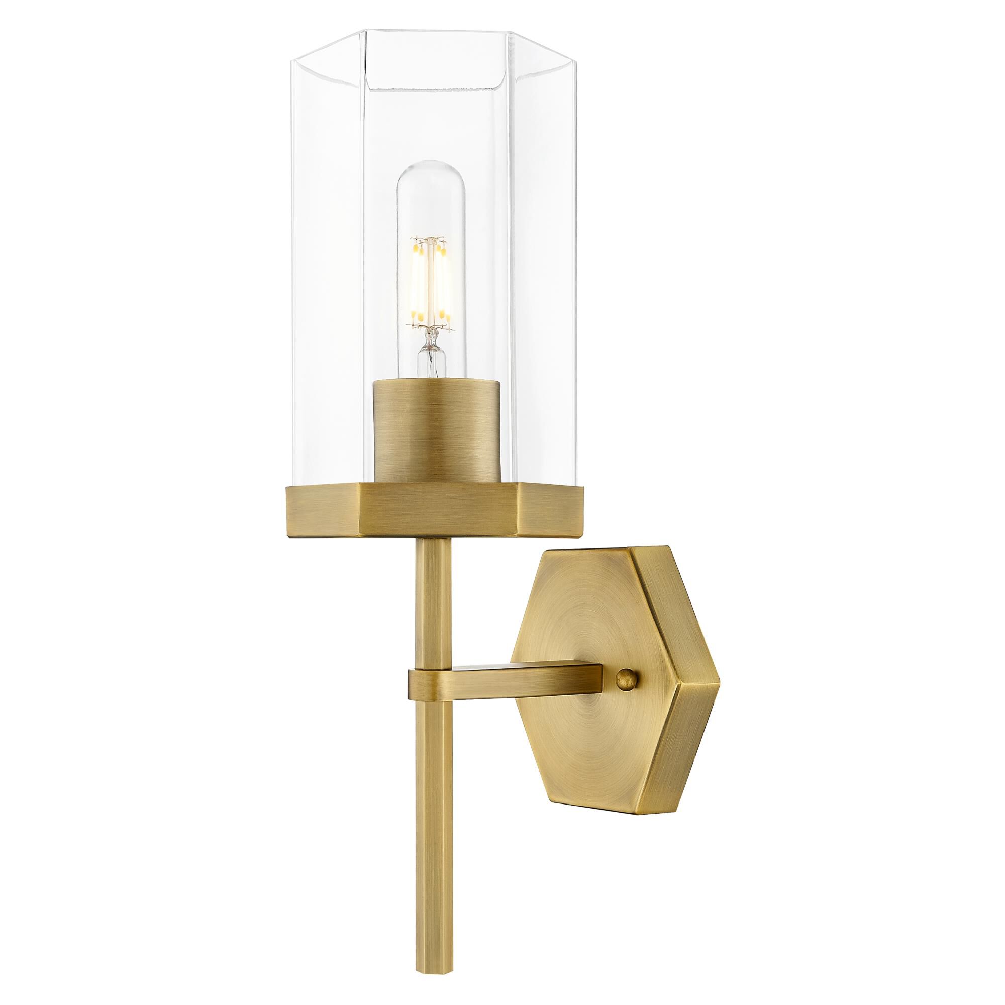 Shown in Brushed Brass finish and Clear glass