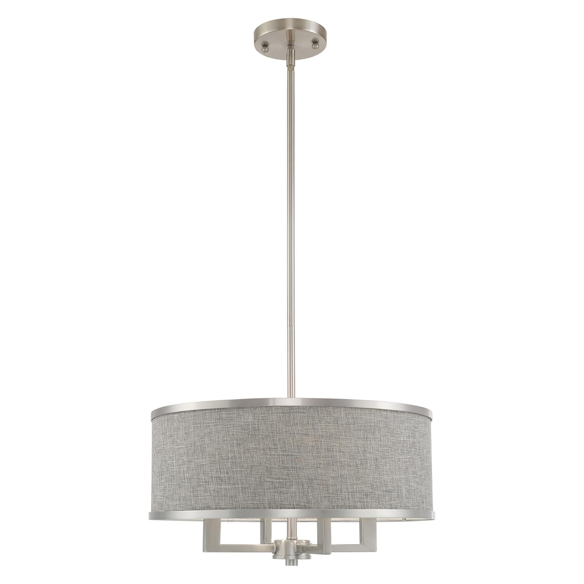 Shown in Brushed Nickel finish and Hand Crafted Gray Fabric Hardback shade