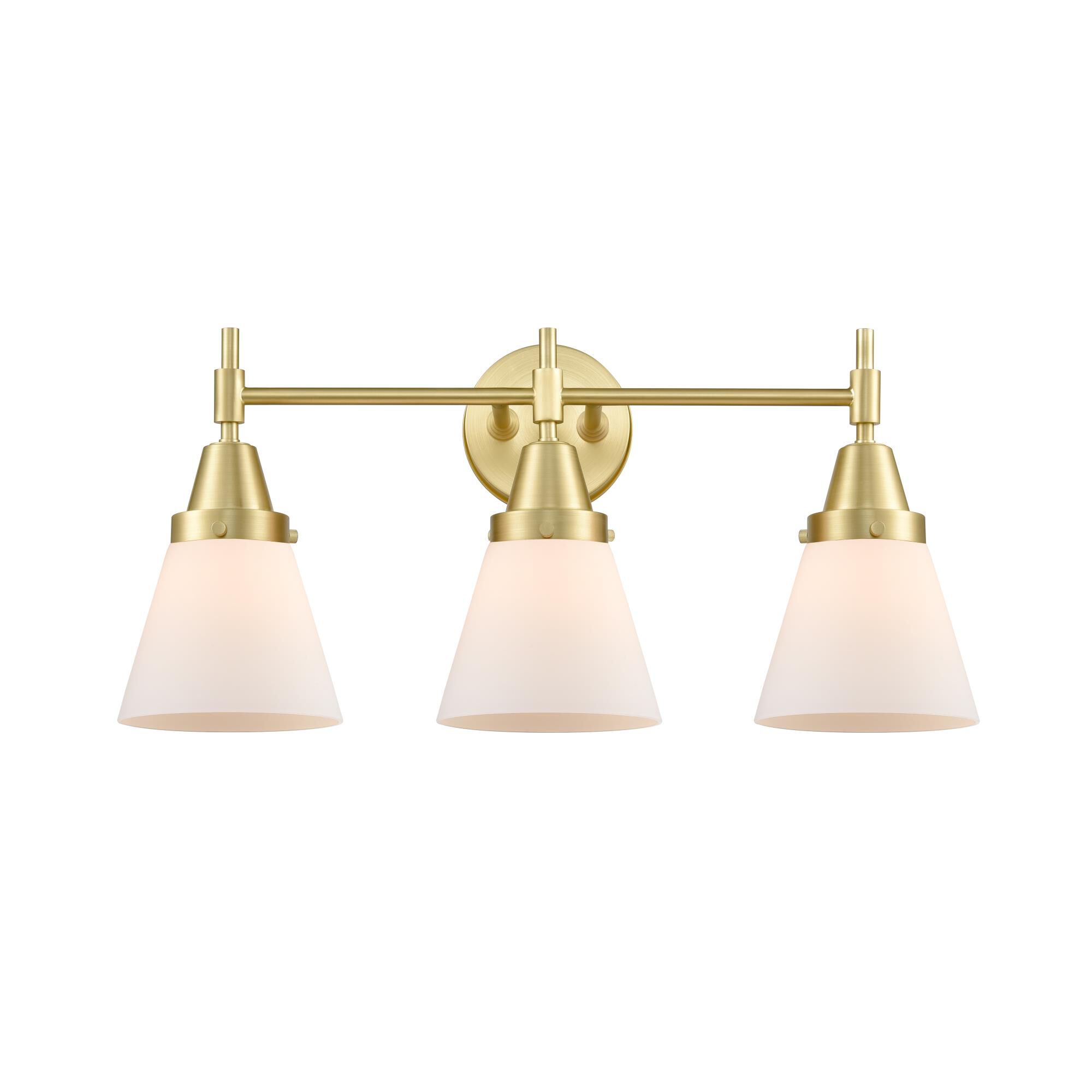 Shown in Satin Brass finish and Matte White Cased Large Cone glass
