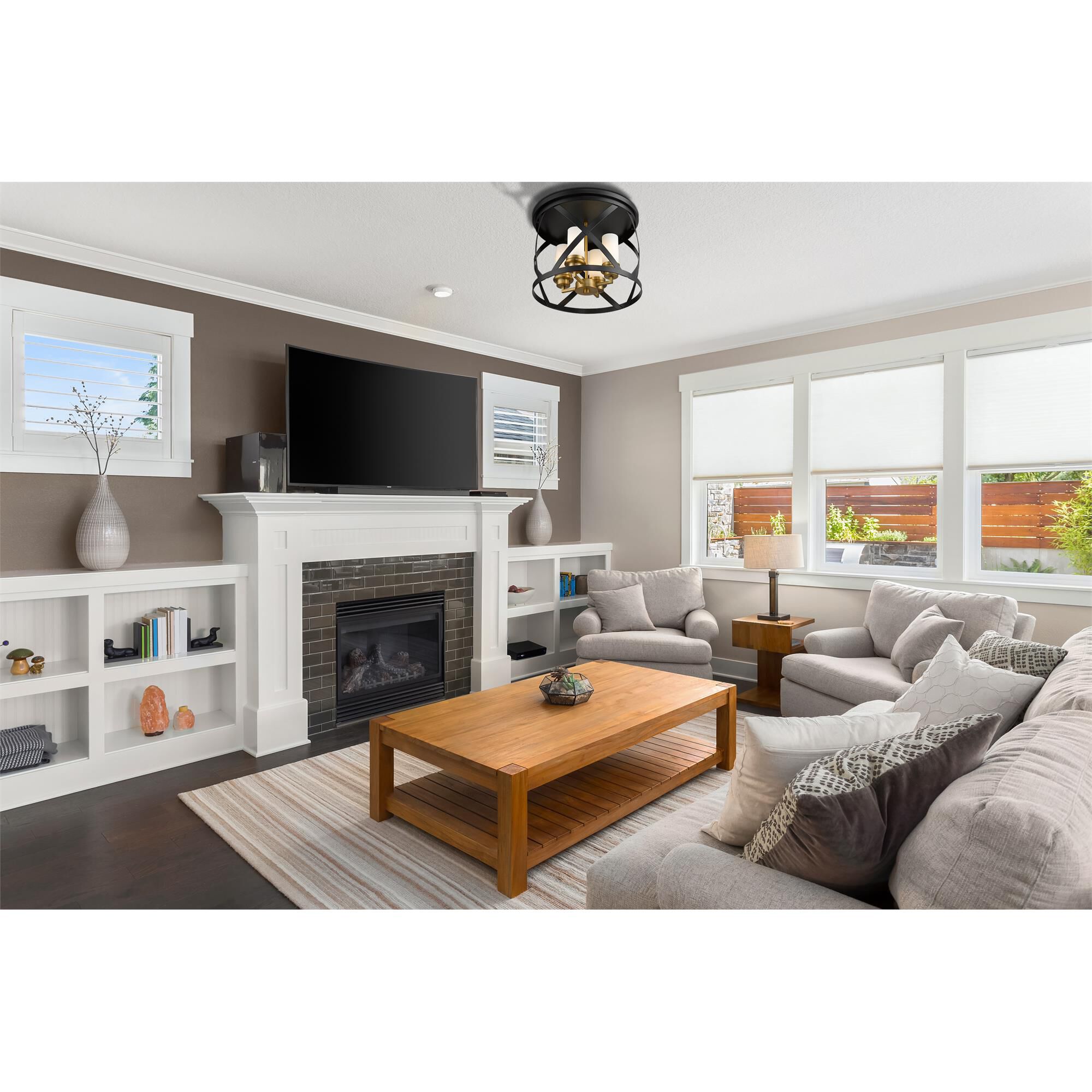 Shown in Matte Black + Olde Brass finish and Glass shade