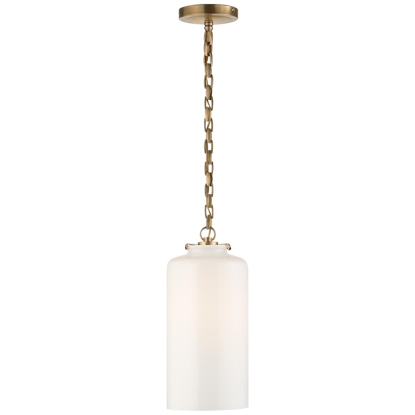 Shown in Hand-Rubbed Antique Brass finish and White glass