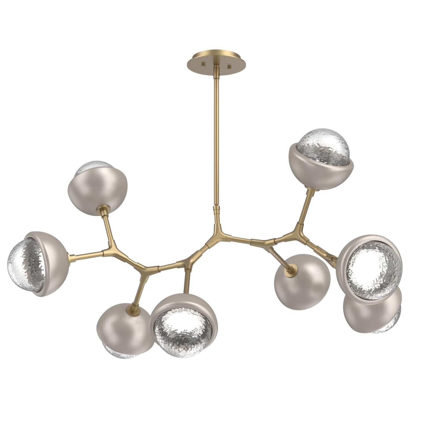 Shown in Gilded Brass finish and Clear glass and Beige Silver accent