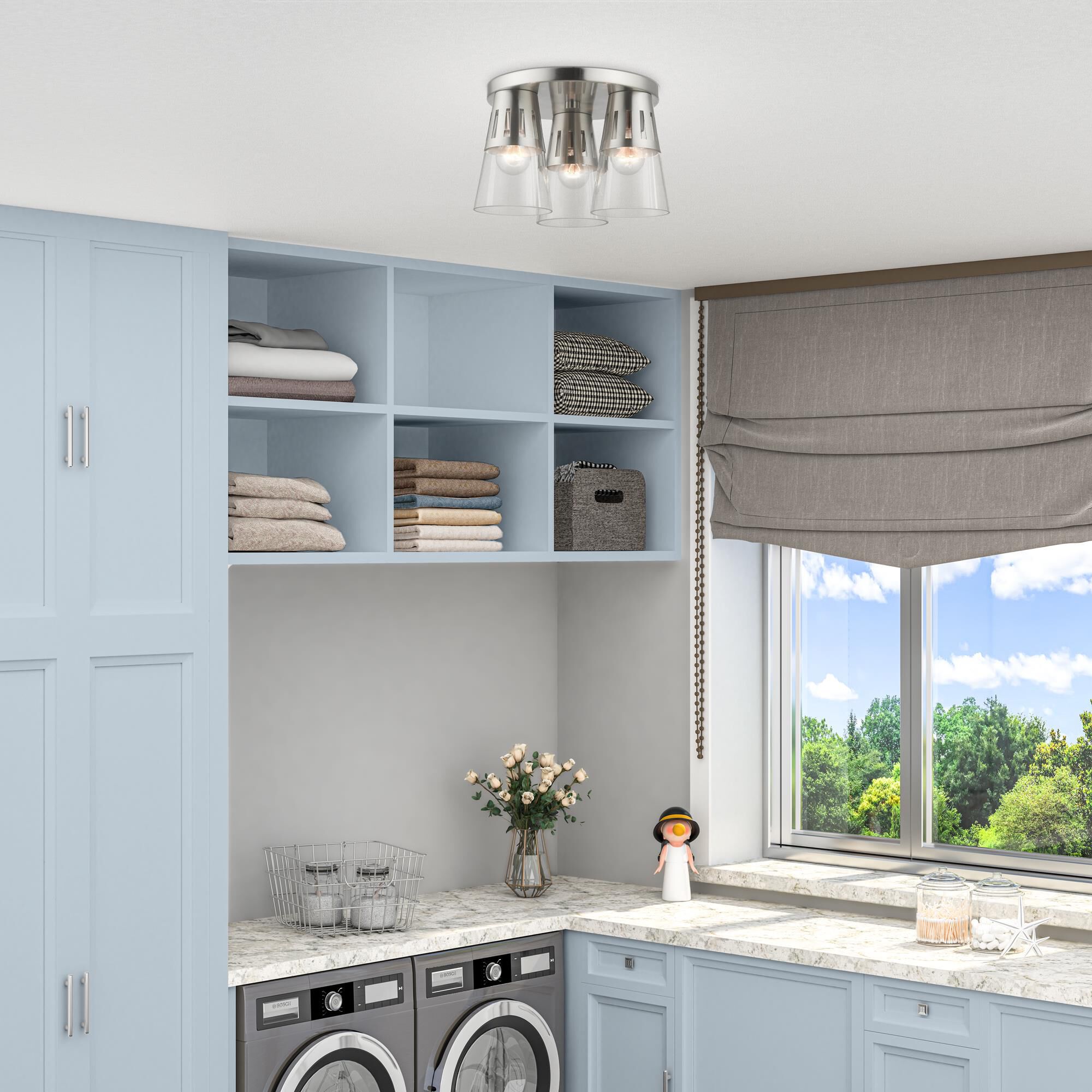 Shown in Brushed Nickel finish and Clear Hand Blown glass