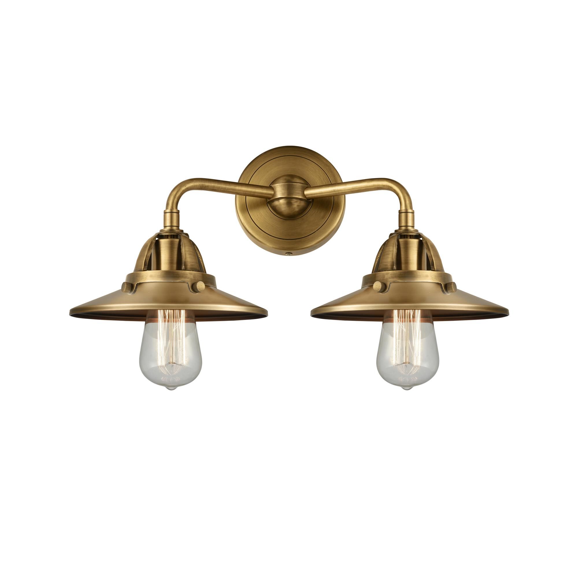 Shown in Brushed Brass finish and No Glass glass and Brushed Brass Railroad shade