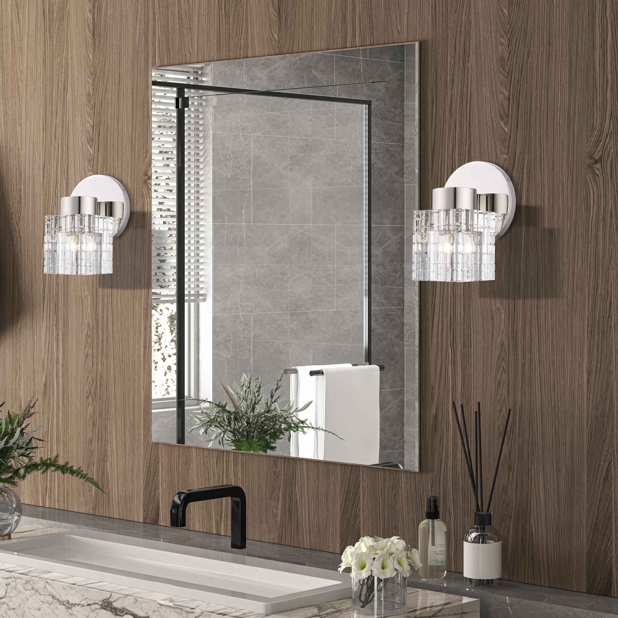 Shown in Polished Nickel finish and Crystal glass