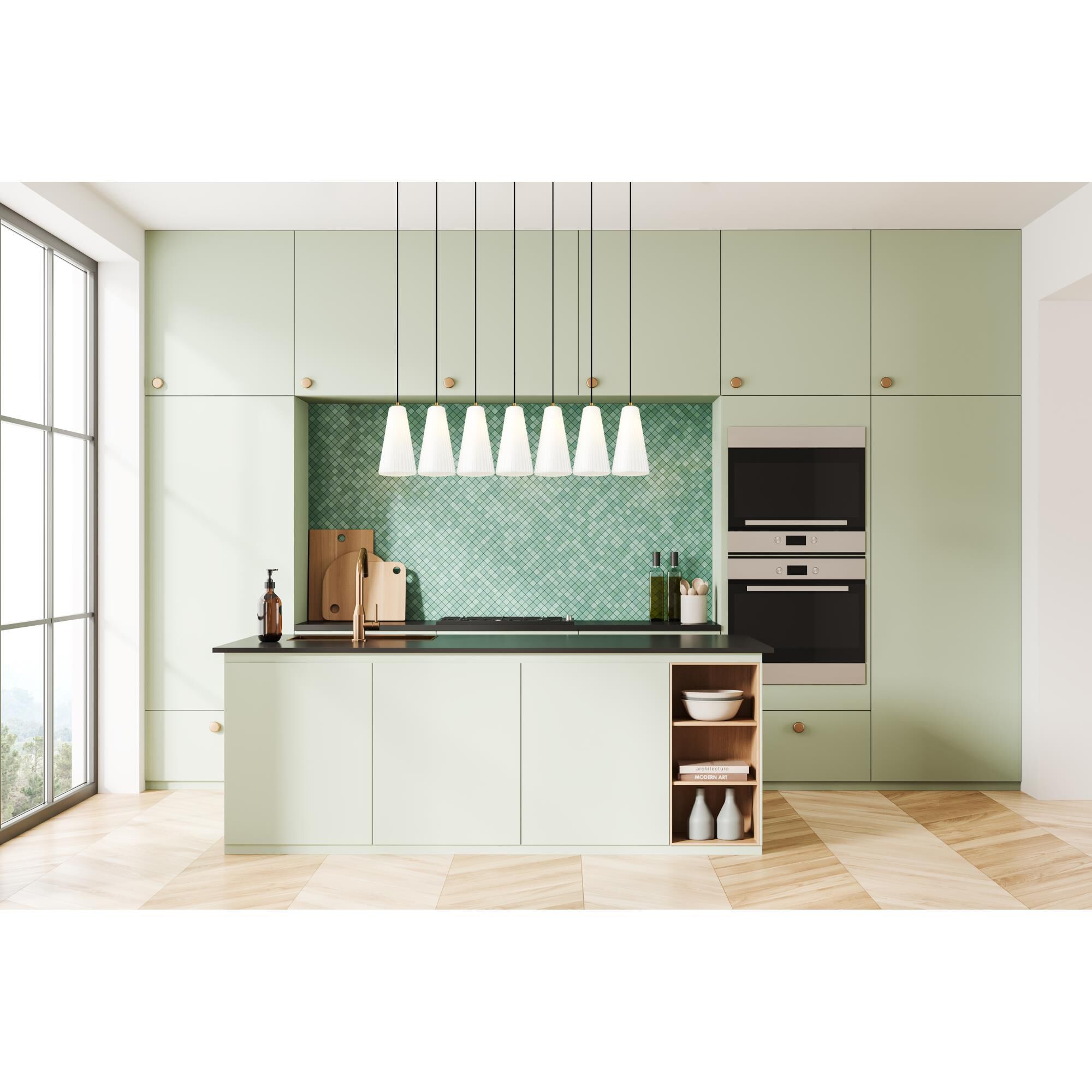 Shown in Modern Gold finish and White glass and White shade