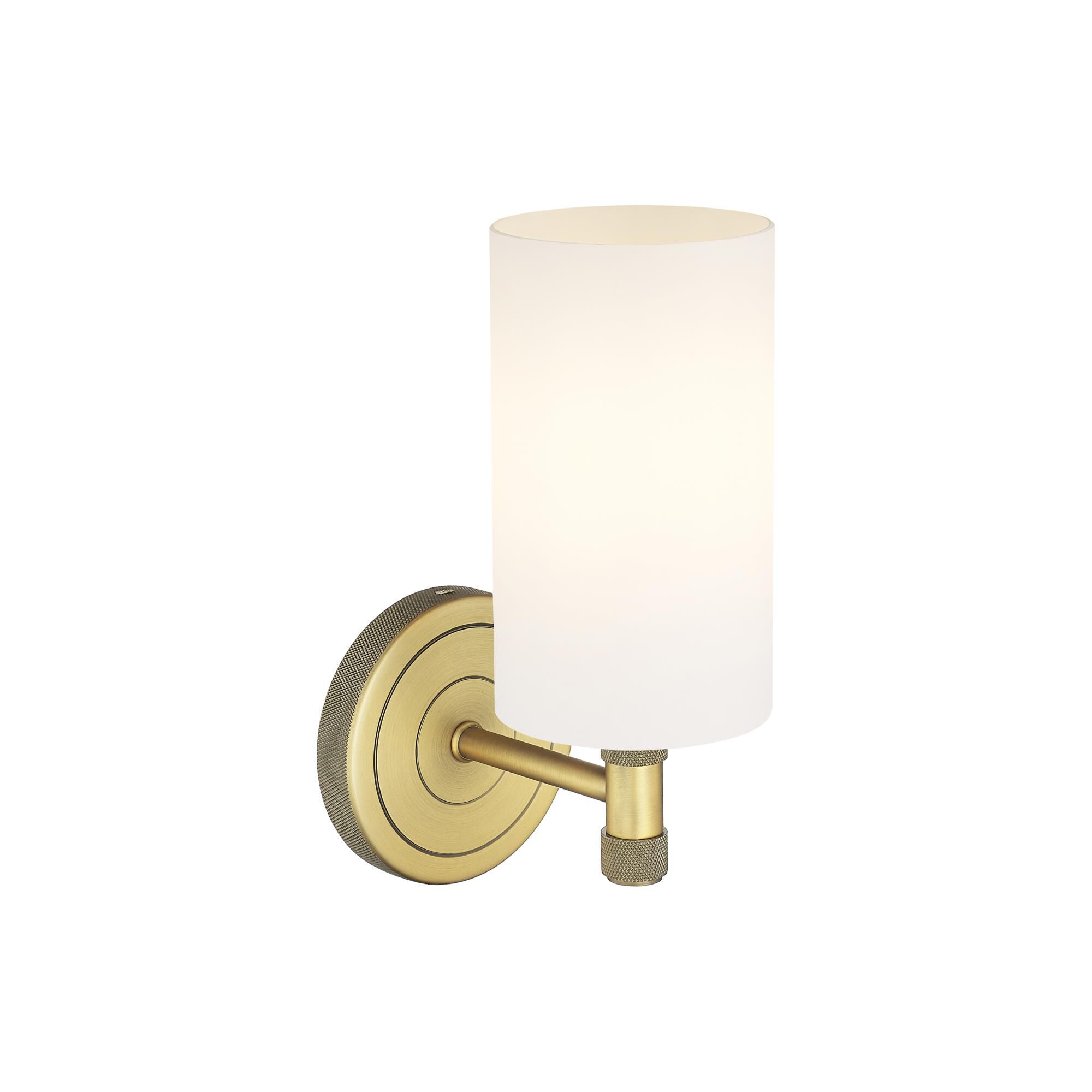 Shown in Brushed Brass finish and Matte White glass