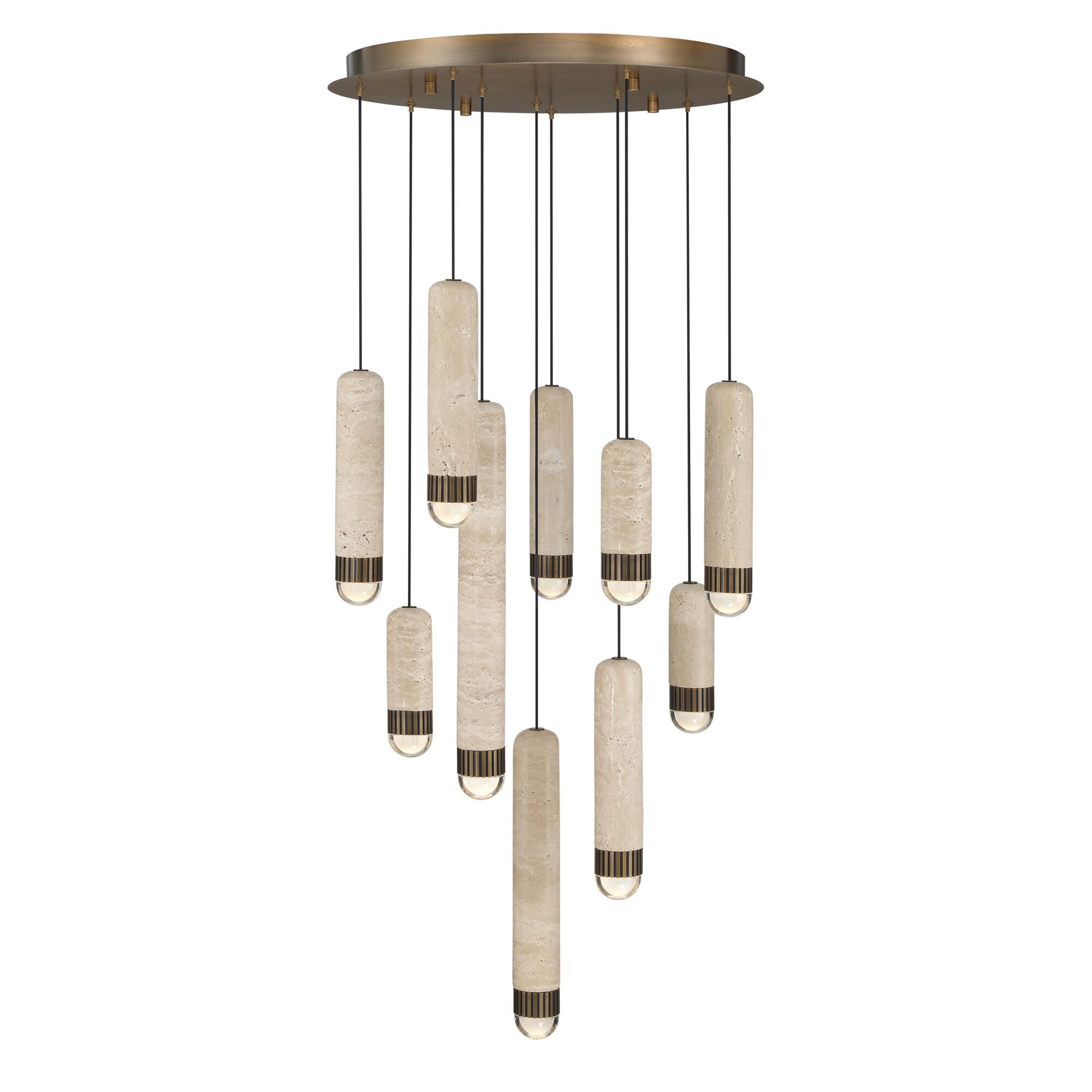 Shown in Antique Brass finish and Travertine shade