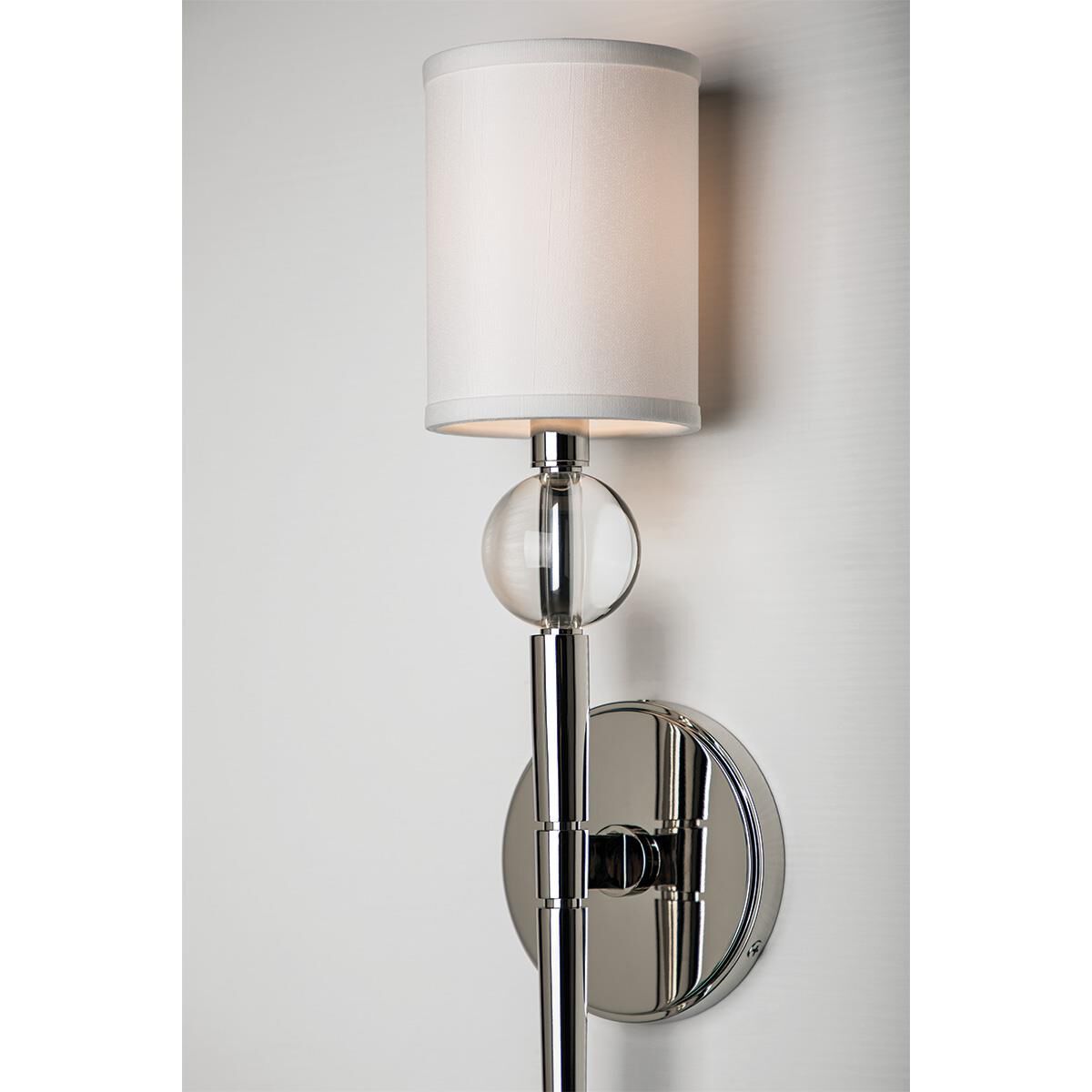 Shown in Polished Nickel finish and Off White Faux Silk shade