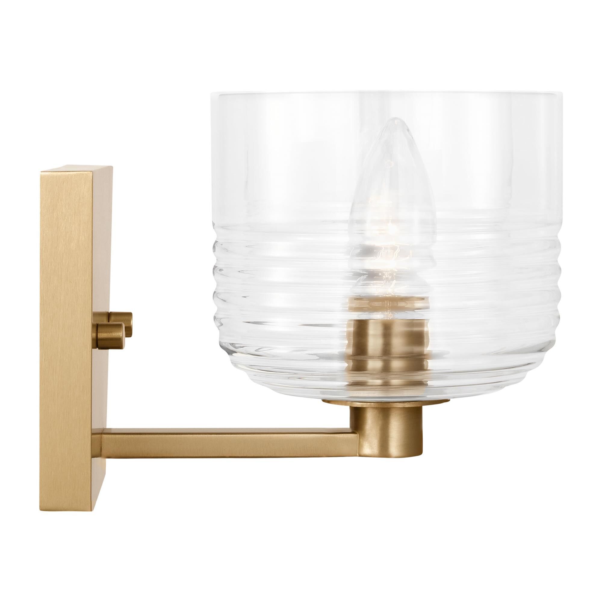 Shown in Satin Brass finish and Clear Ribbed glass