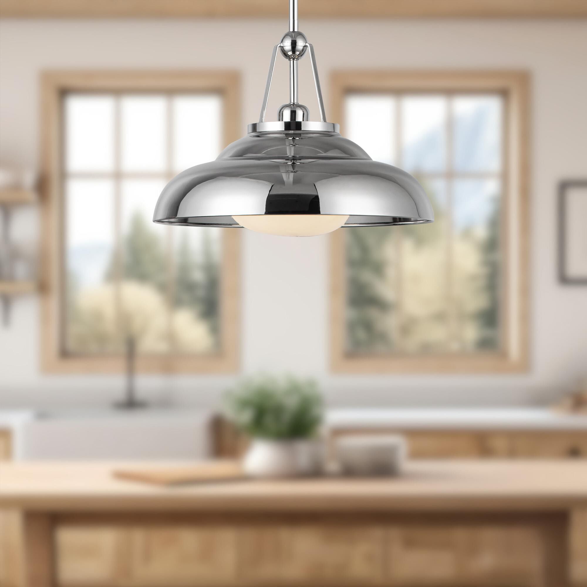 Shown in Polished Nickel finish and Glossy Opal glass and Steel Spun shade