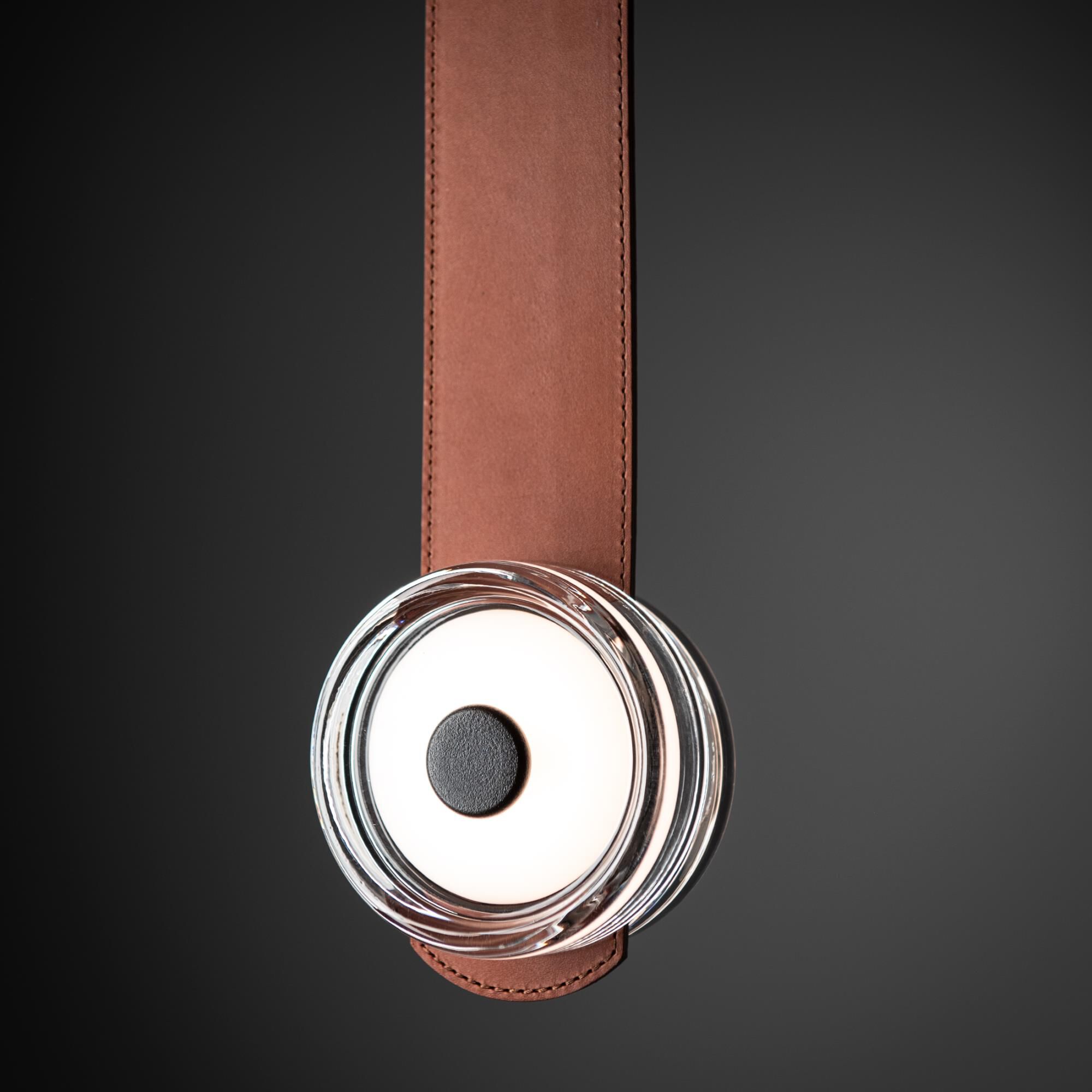 Shown in Black finish and Clear glass and Chestnut Leather accent