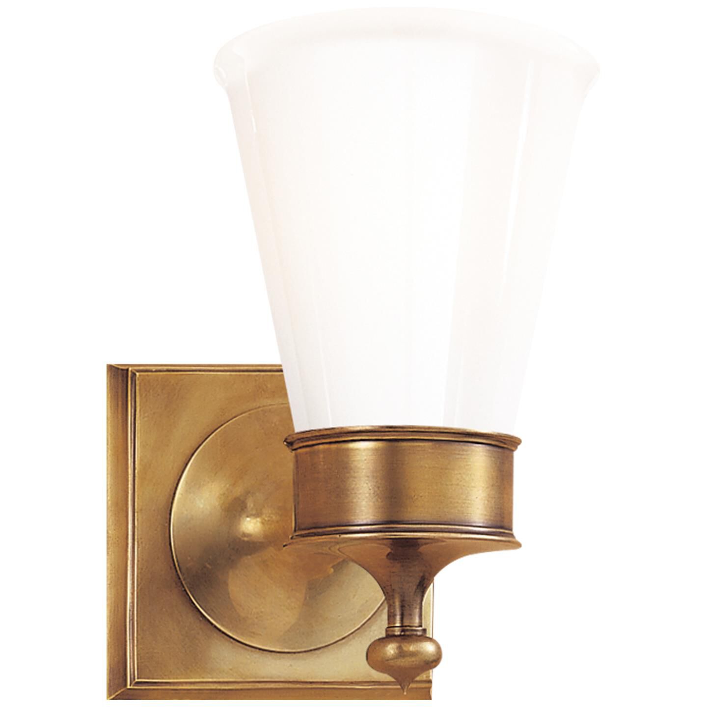 Shown in Hand-Rubbed Antique Brass finish and White glass