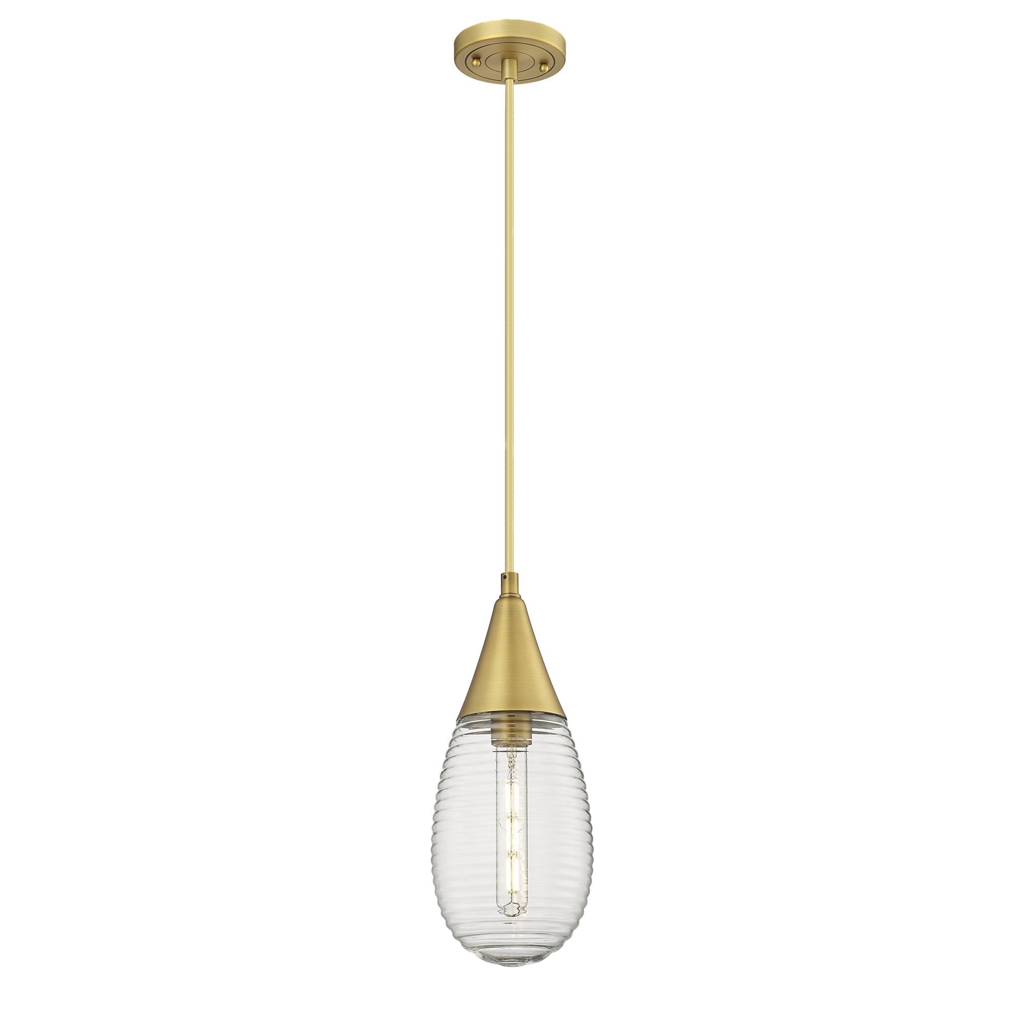 Shown in Brushed Brass finish and Striped Clear glass and Striped Clear Glass shade