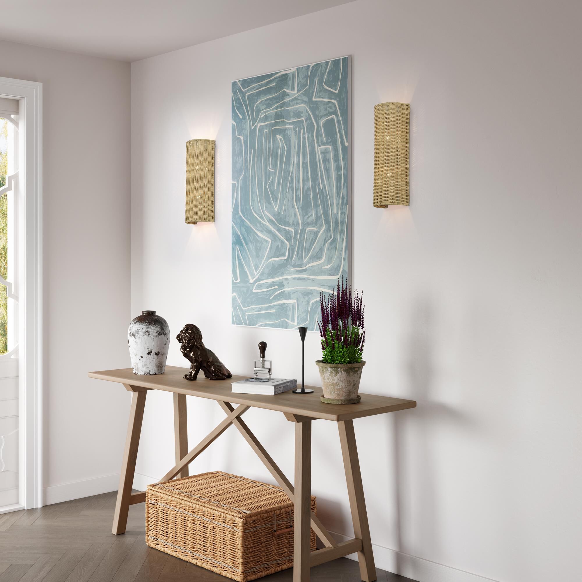 Shown in Antique Gold Leaf finish and Hand-Woven Rustic Walnut Color Rattan shade