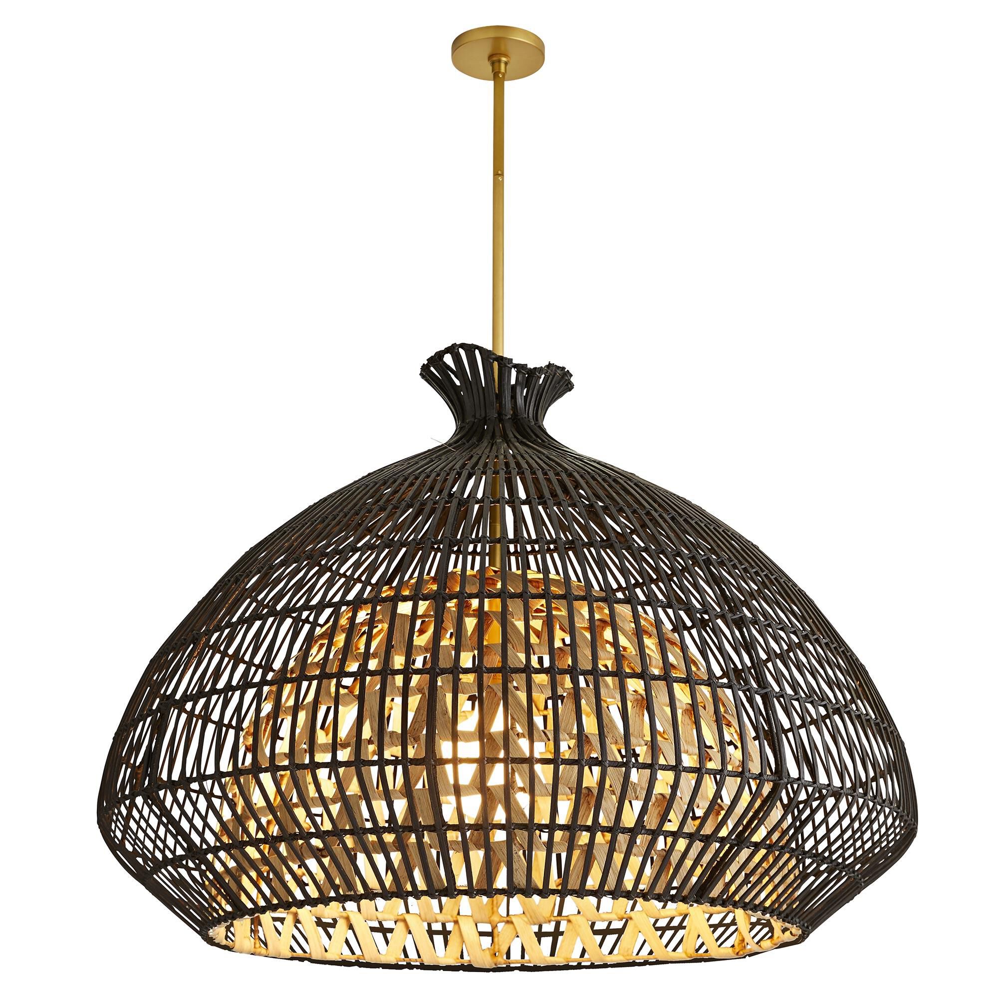Shown in Antique Brass finish and Black Rattan Outer - Natural Rattan Inner shade