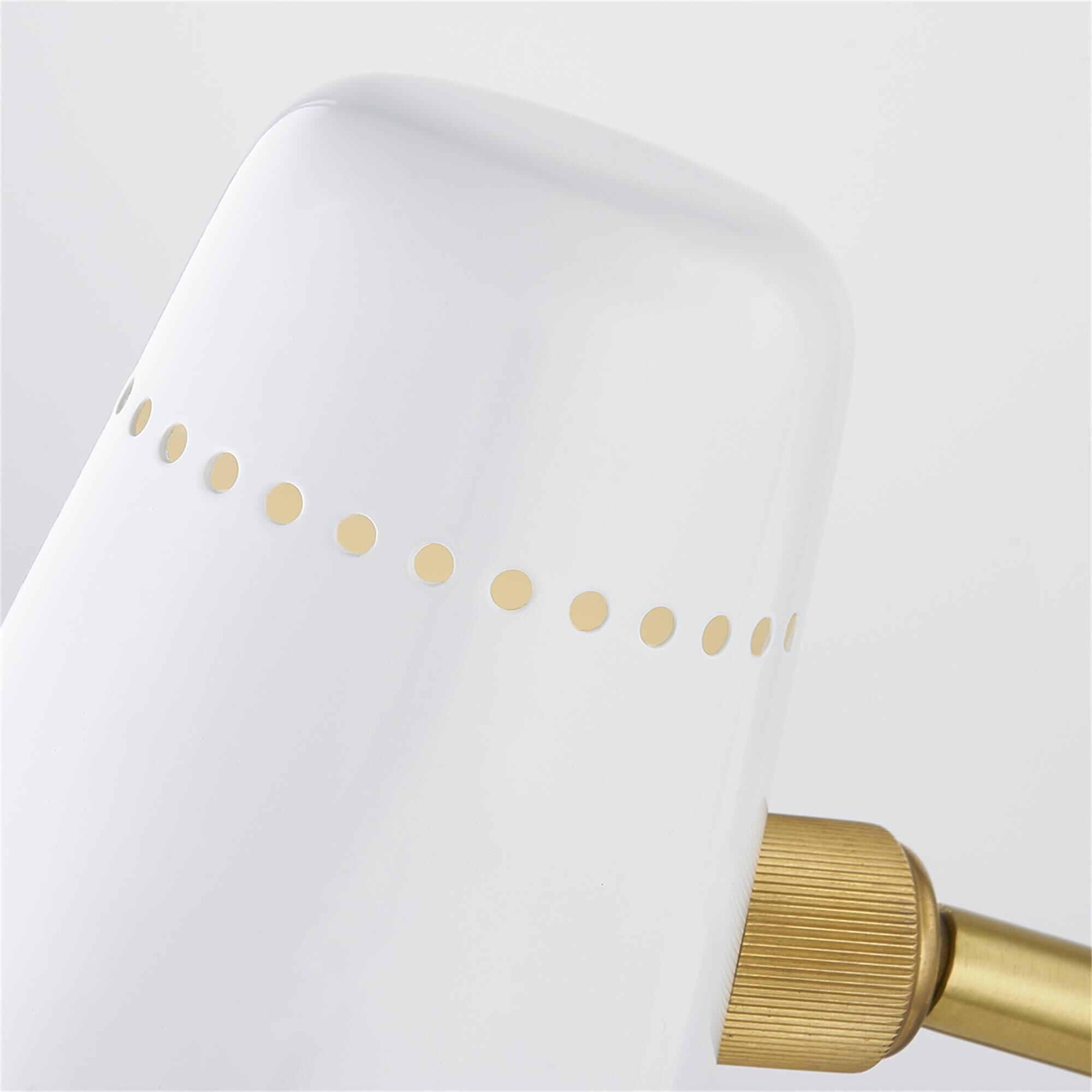 Shown in Aged Brass finish and Satin White Metal shade