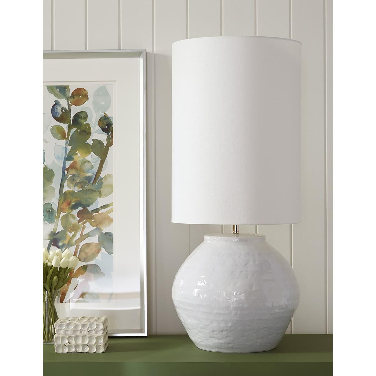 Shown in Polished Nickel finish and Seasalt glass and Seasalt Linen Drum shade