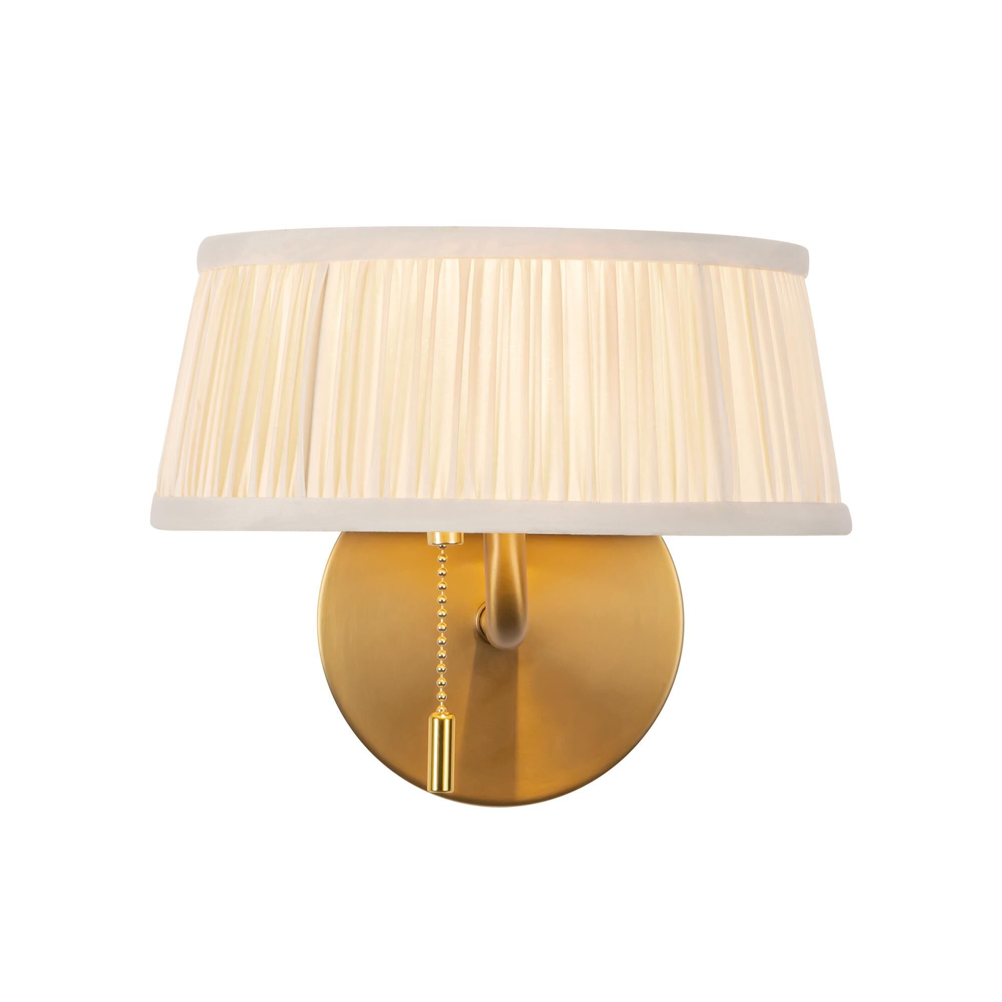 Shown in Brushed Gold finish and White Linen shade
