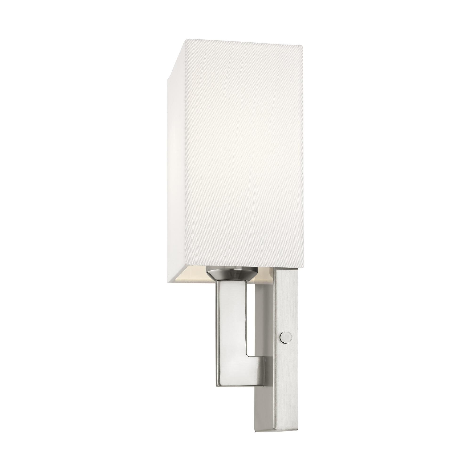 Shown in Brushed Nickel finish and Hand Crafted Off White Fabric Hardback shade