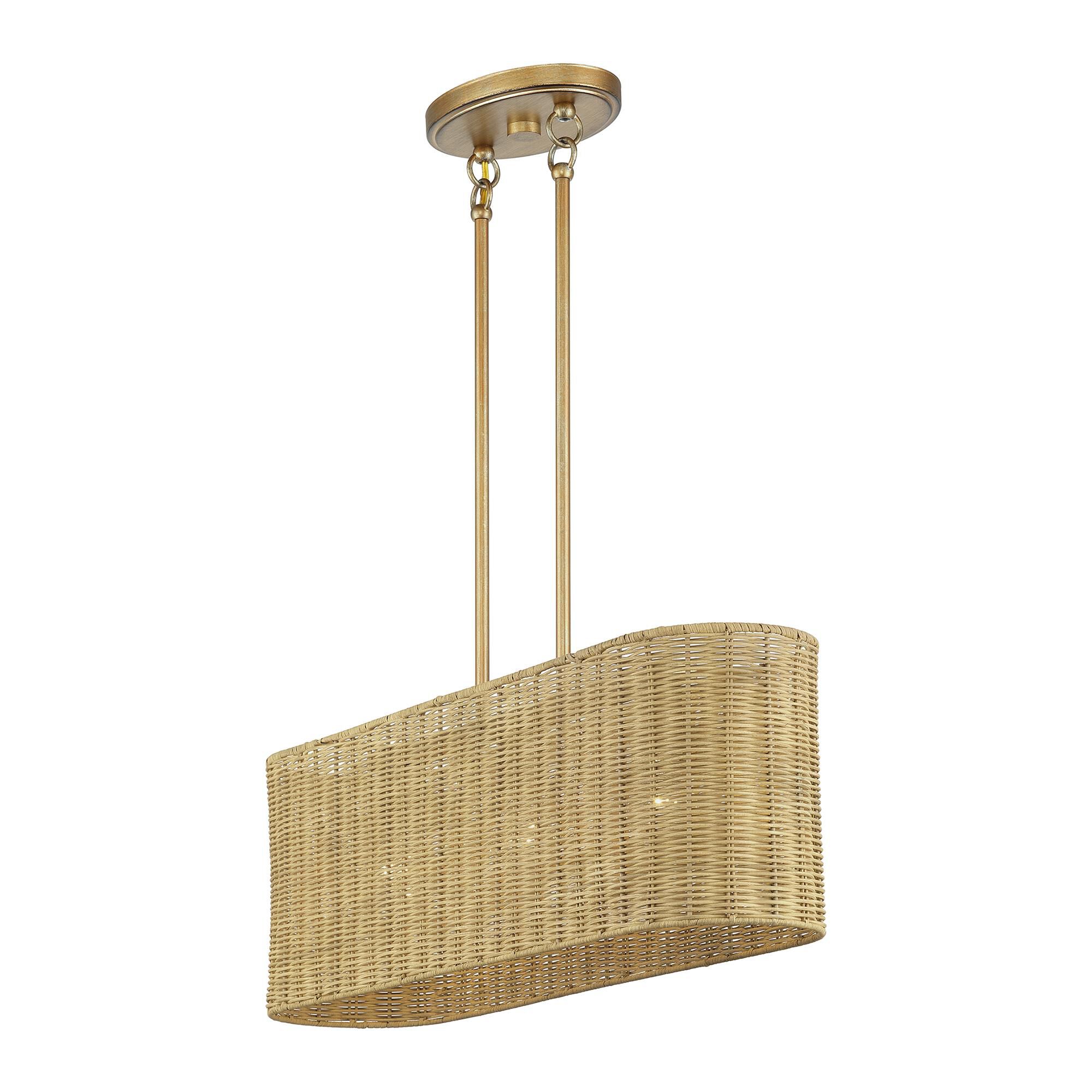 Shown in Antique Gold Leaf finish and Hand-Woven Rustic Walnut Color Rattan shade