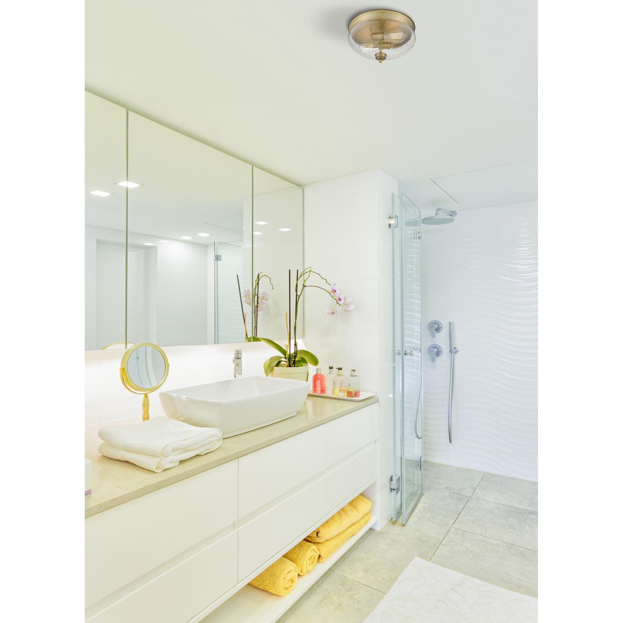 Shown in Heritage Brass finish and Glass shade