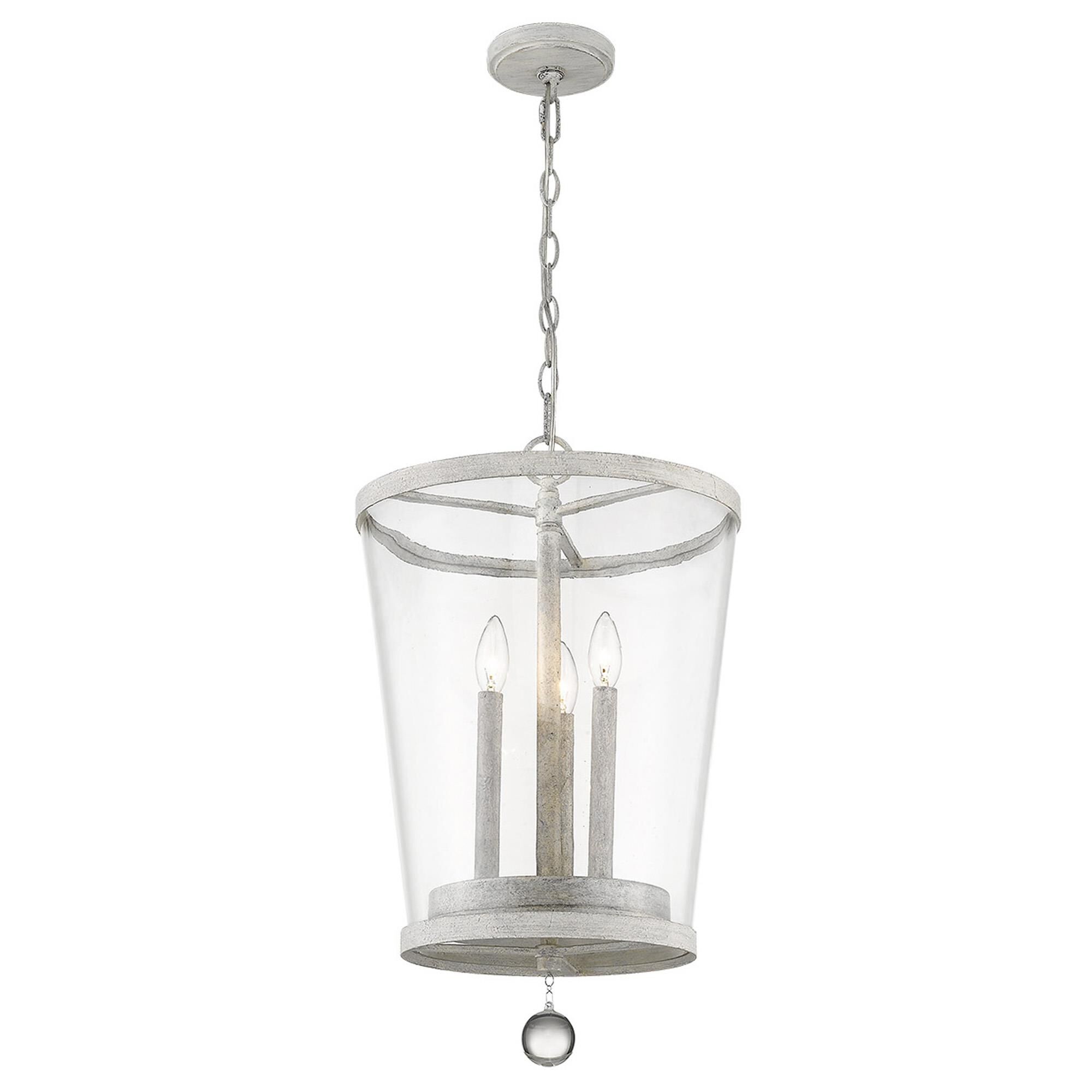 Shown in Country White finish and Clear glass and Clear, Tapered Drum Shaped Glass shade