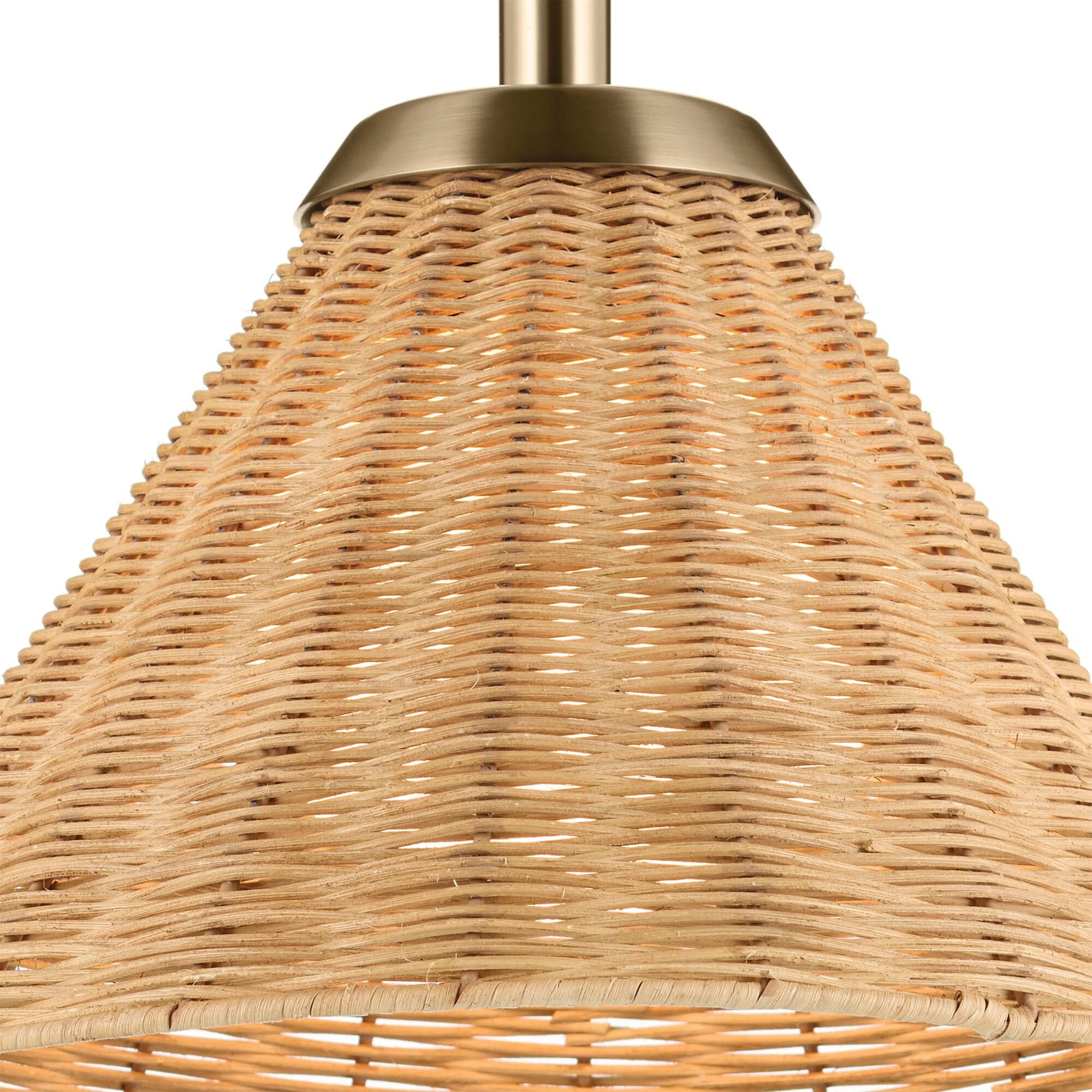 Shown in Champagne Bronze finish and Opal glass and Rattan Textured shade