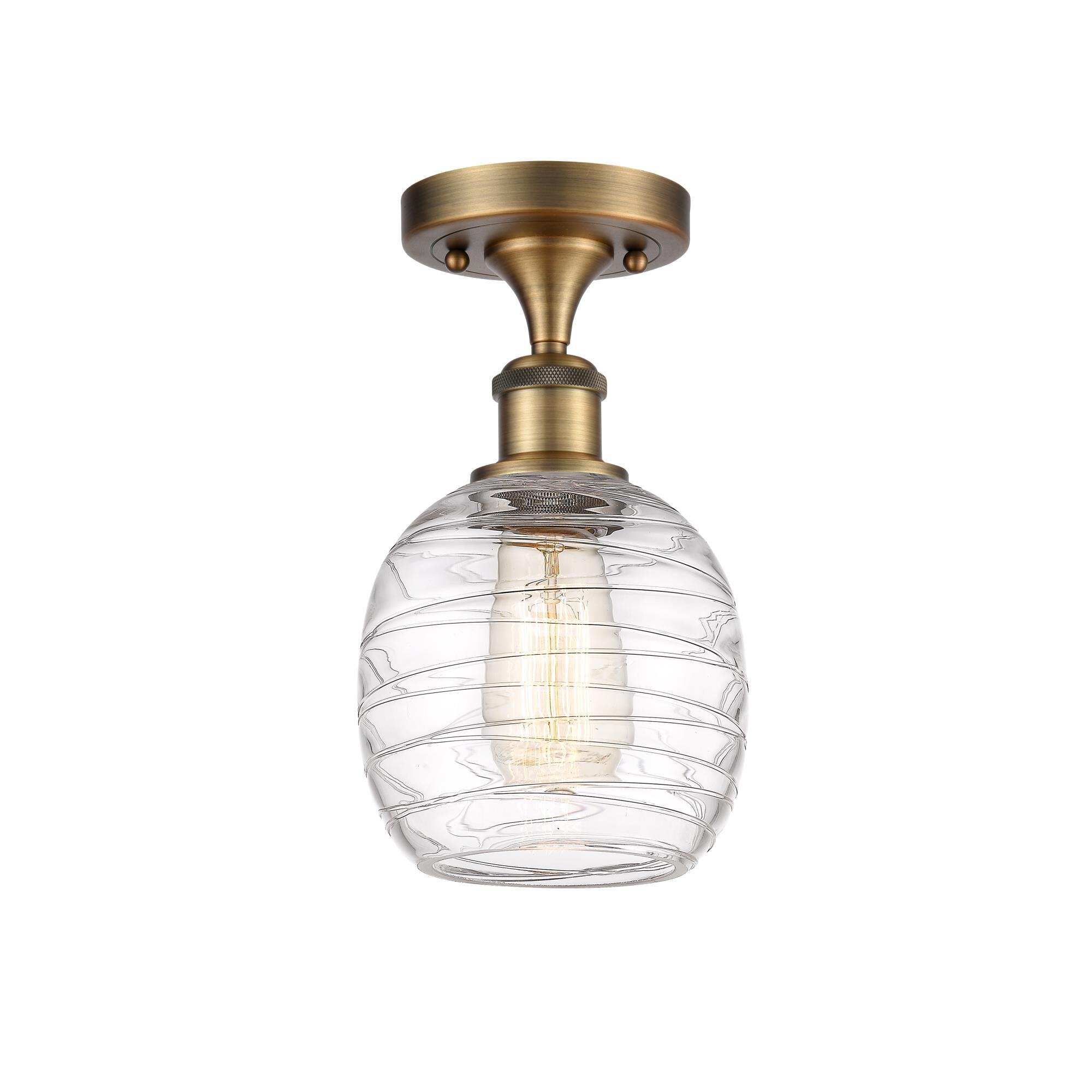 Shown in Brushed Brass finish and Deco Swirl Belfast glass