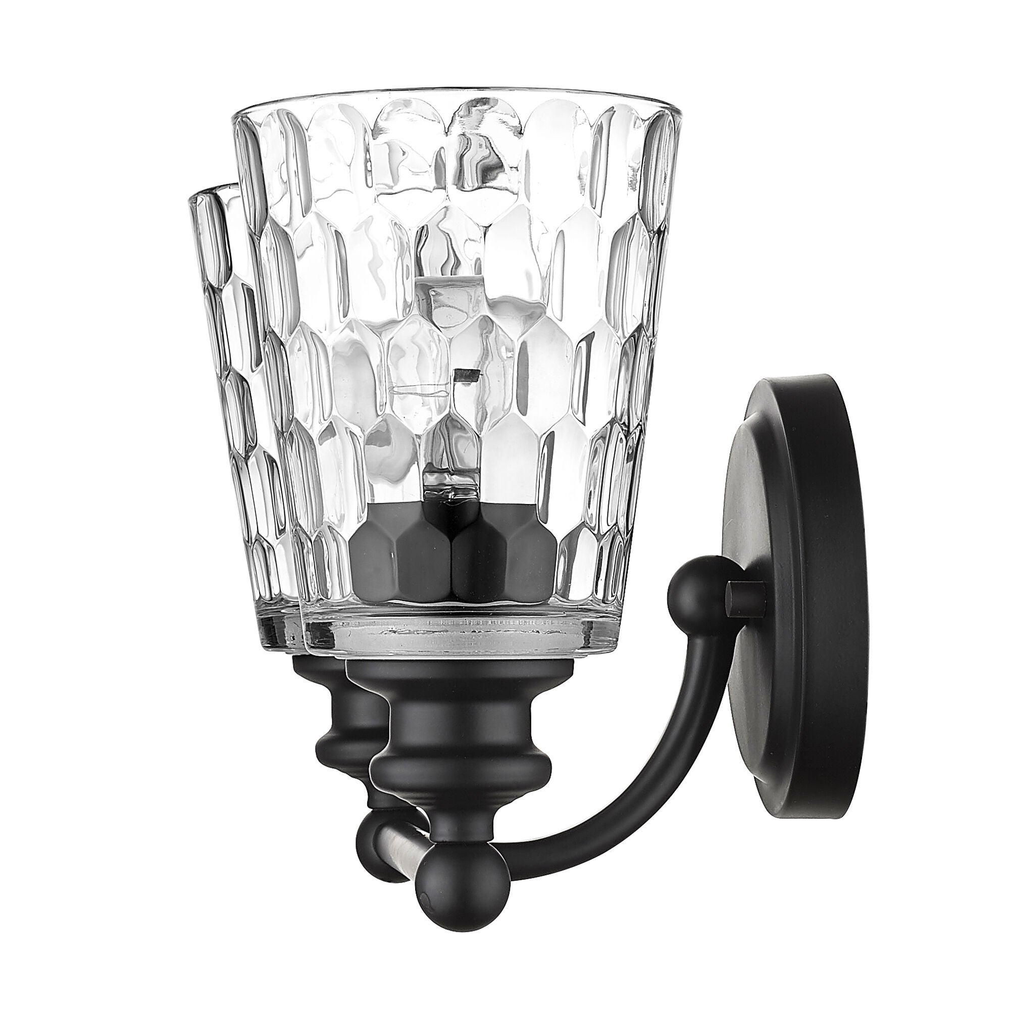Shown in Matte Black finish and Clear glass and Clear, Optic Cone Shaped Glass shade