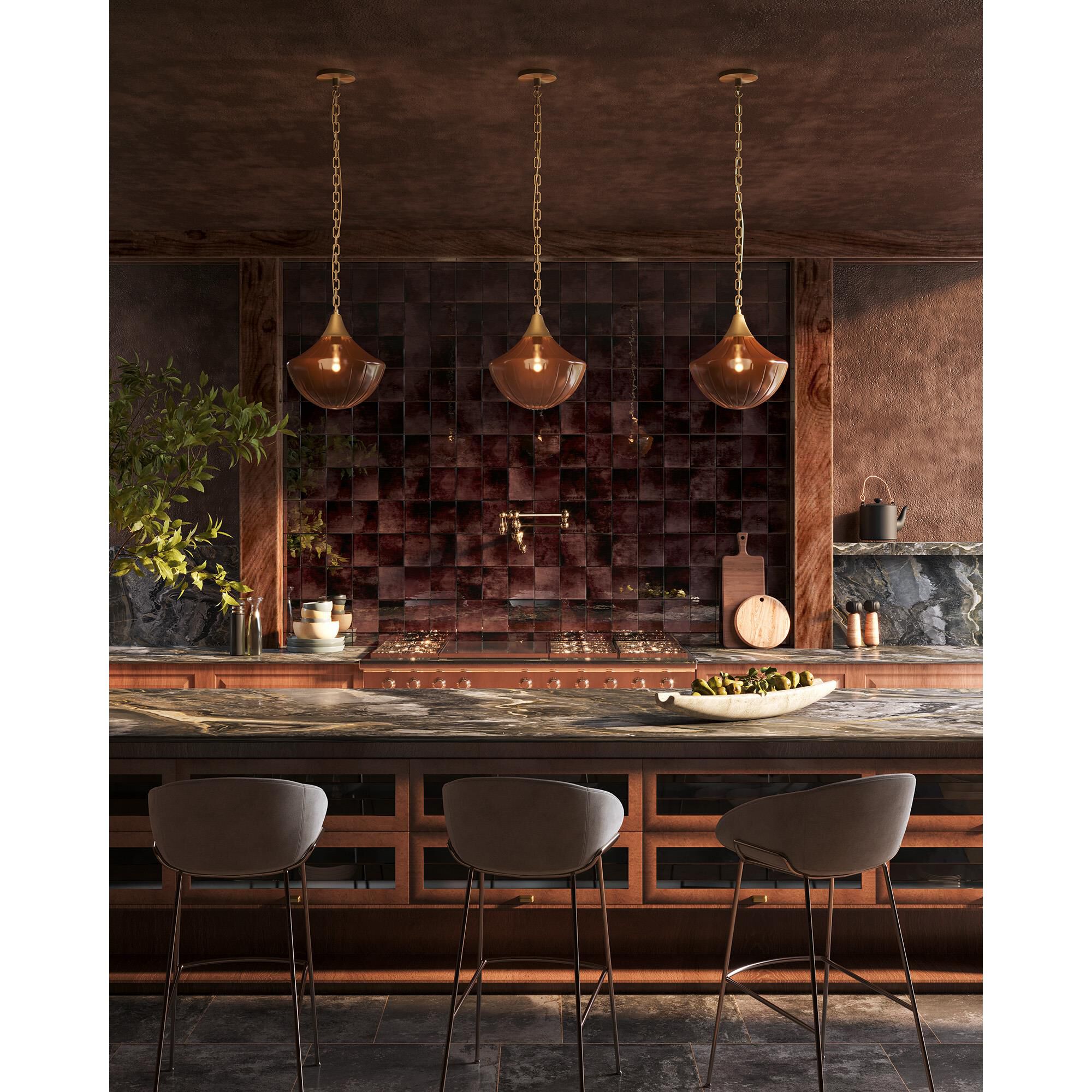 Shown in Brushed Gold finish and Amber Ribbed glass