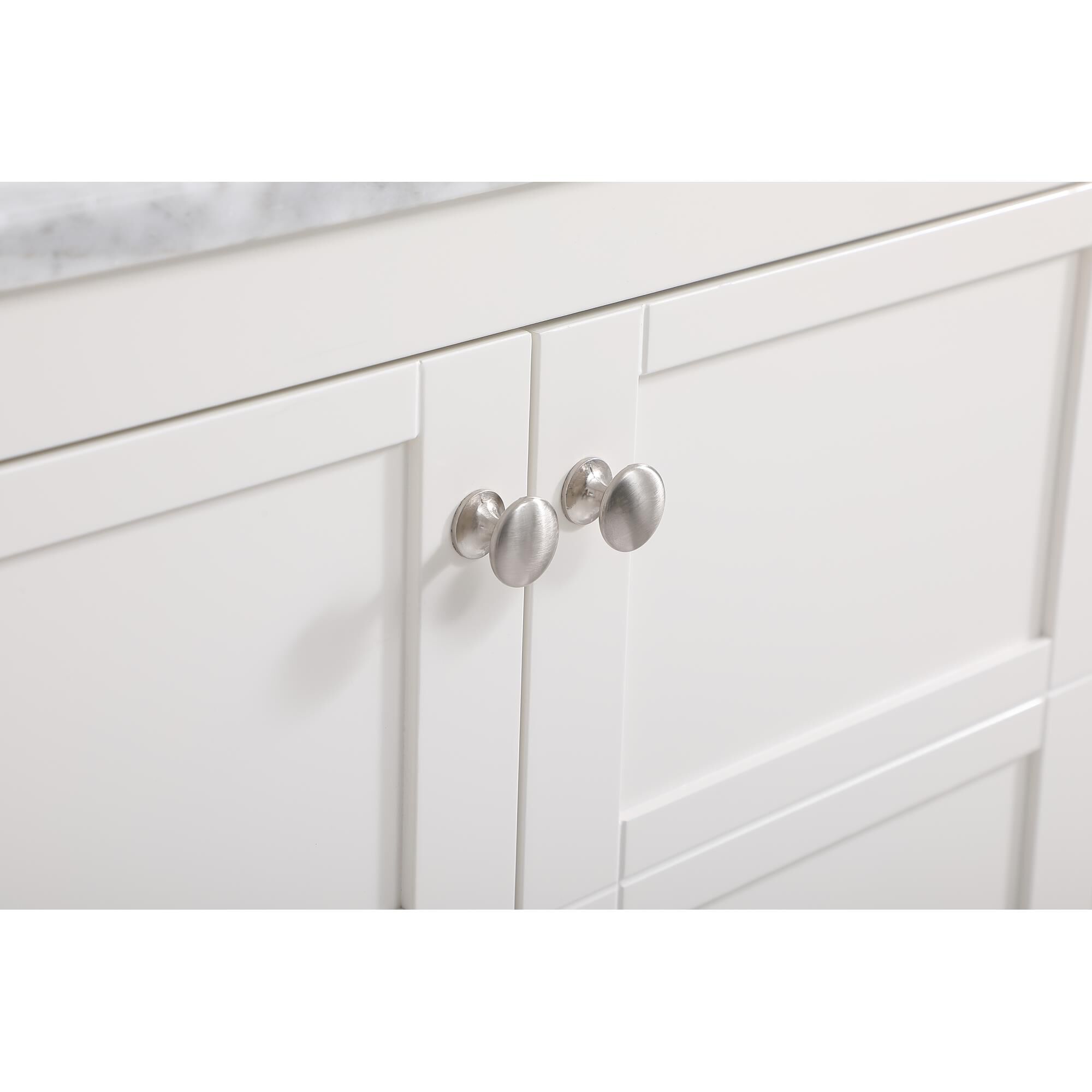 Shown in White And Brushed Nickel With Carrara White Marble finish