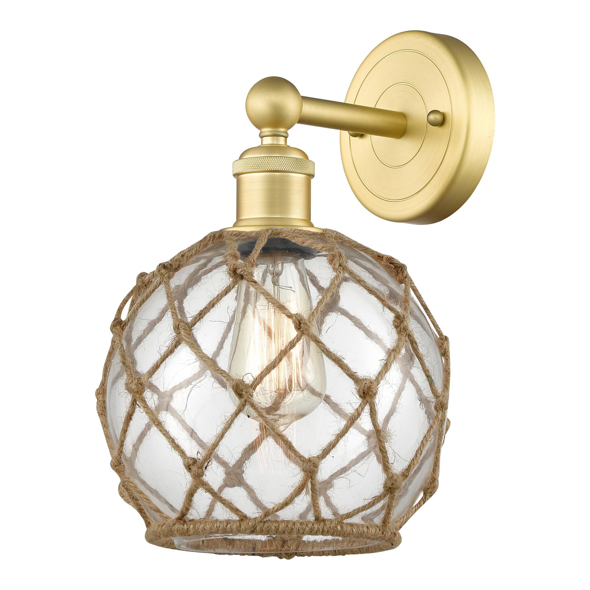 Shown in Satin Gold finish and Clear with Brown Rope glass