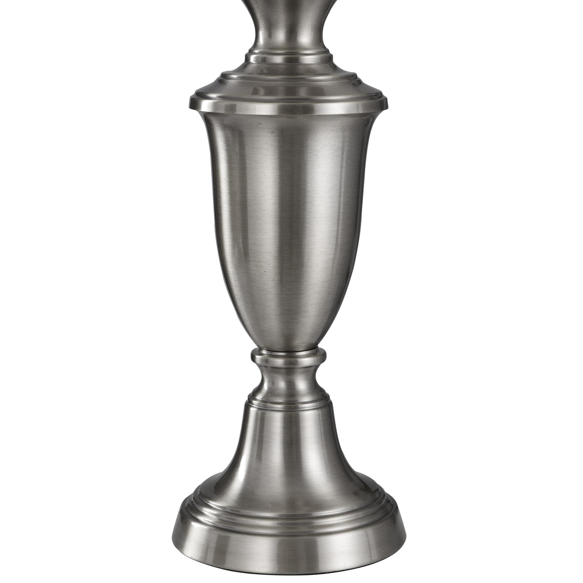 Shown in Brushed Steel finish and White Softback Silk shade