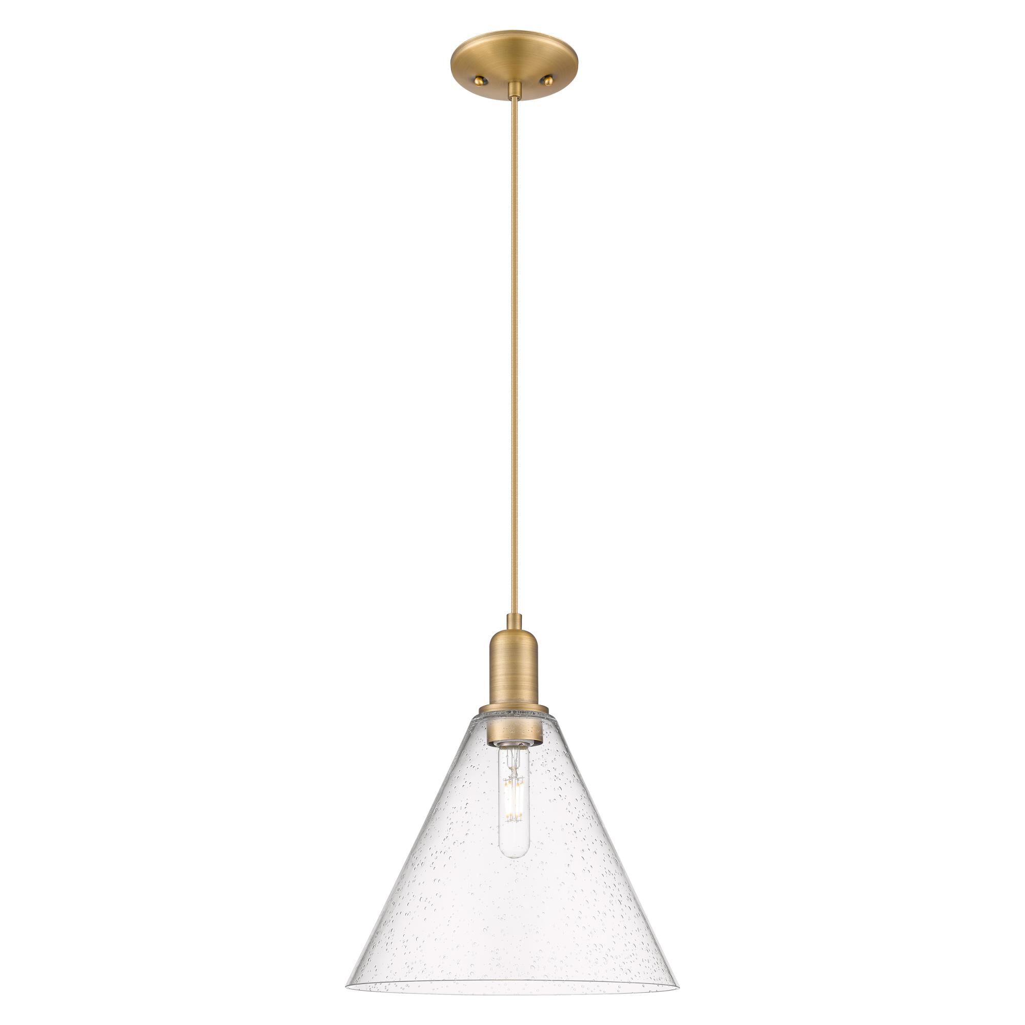 Shown in Brushed Brass finish and Seedy glass