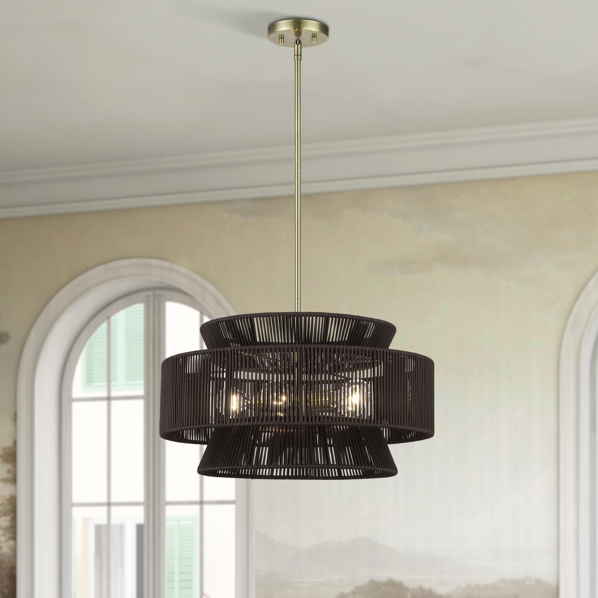 Shown in Antique Brass finish and Hand-Woven Dark Chocolate Color Polyester Rope shade