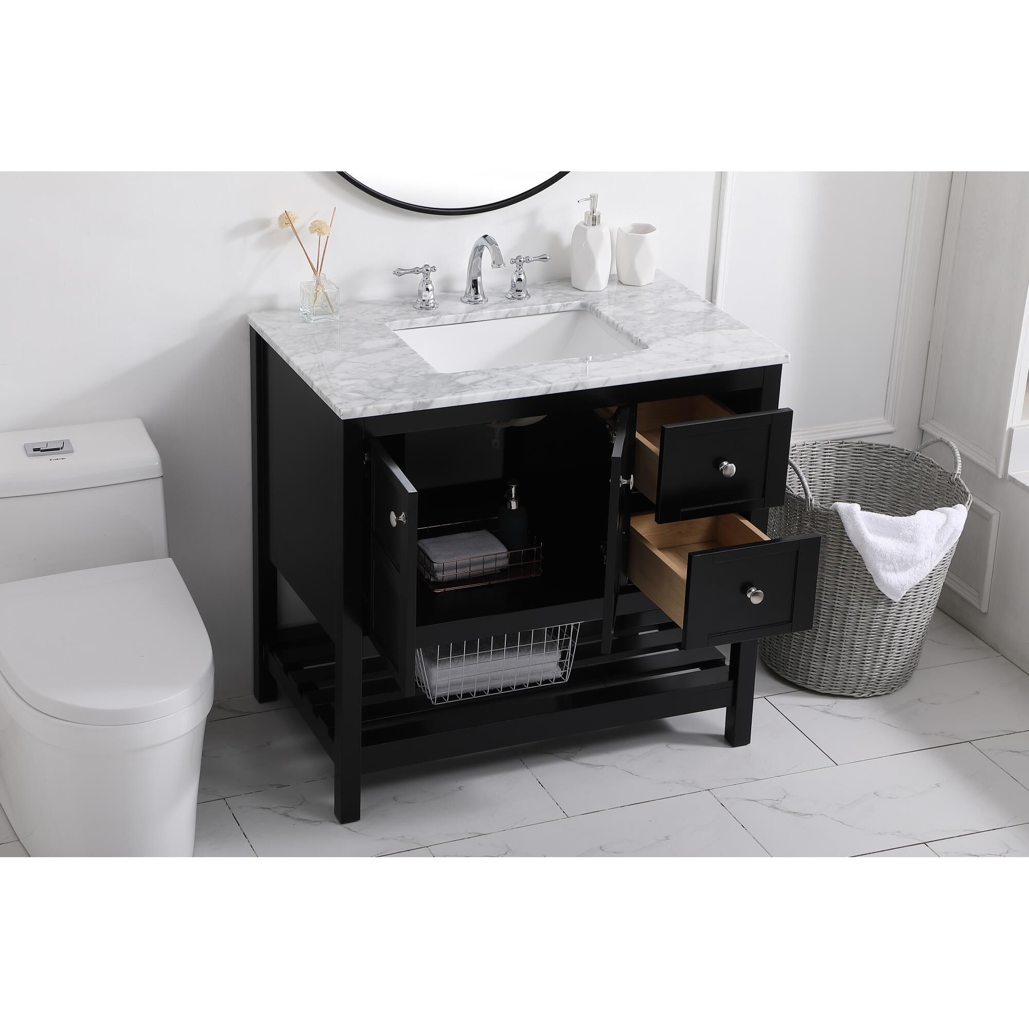 Shown in Black And Brushed Nickel With Carrara White Marble finish