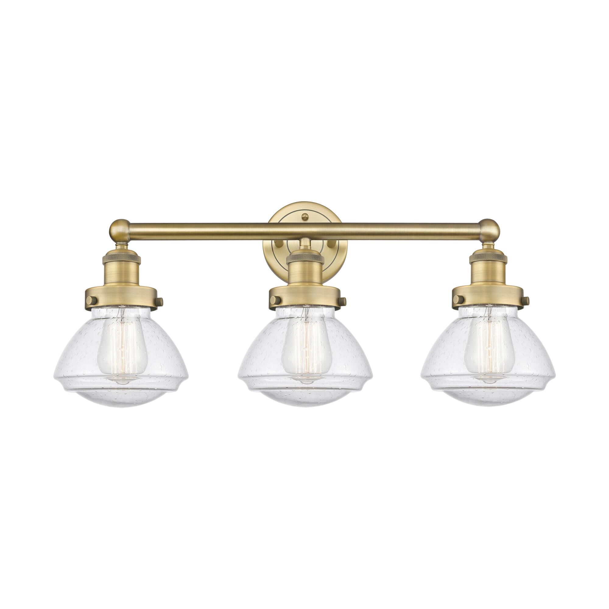 Shown in Brushed Brass finish and Seedy glass