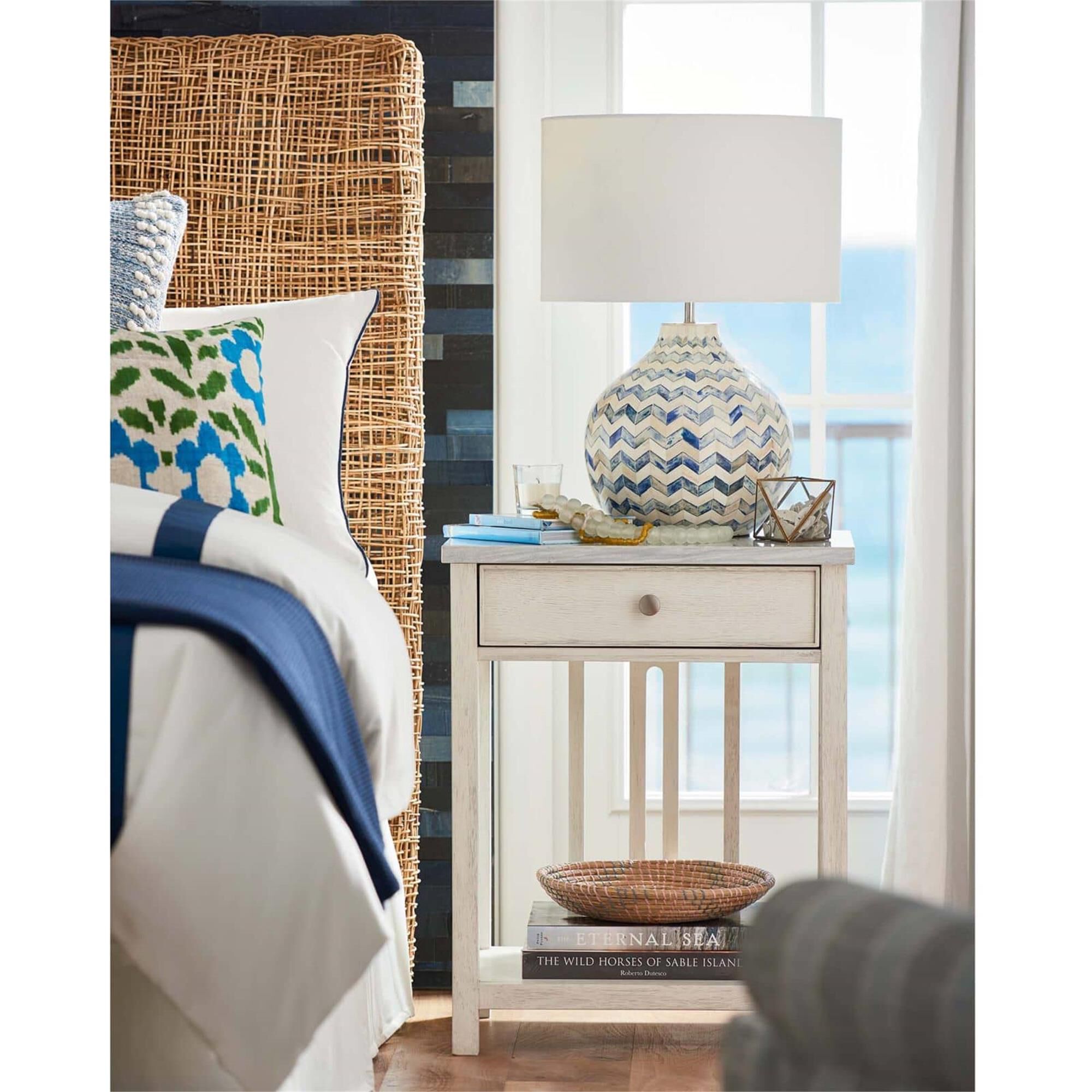 Shown in Indigo finish and Linen shade