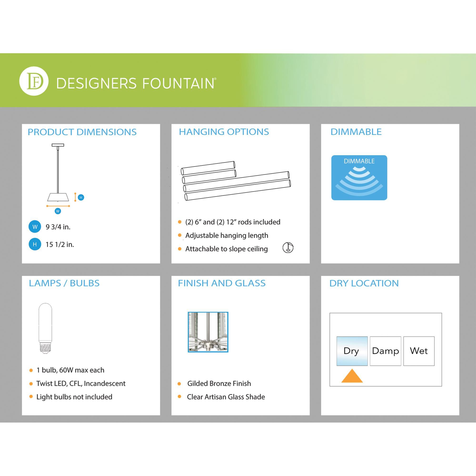 Shown in Gilded Bronze finish and Clear Artisan glass