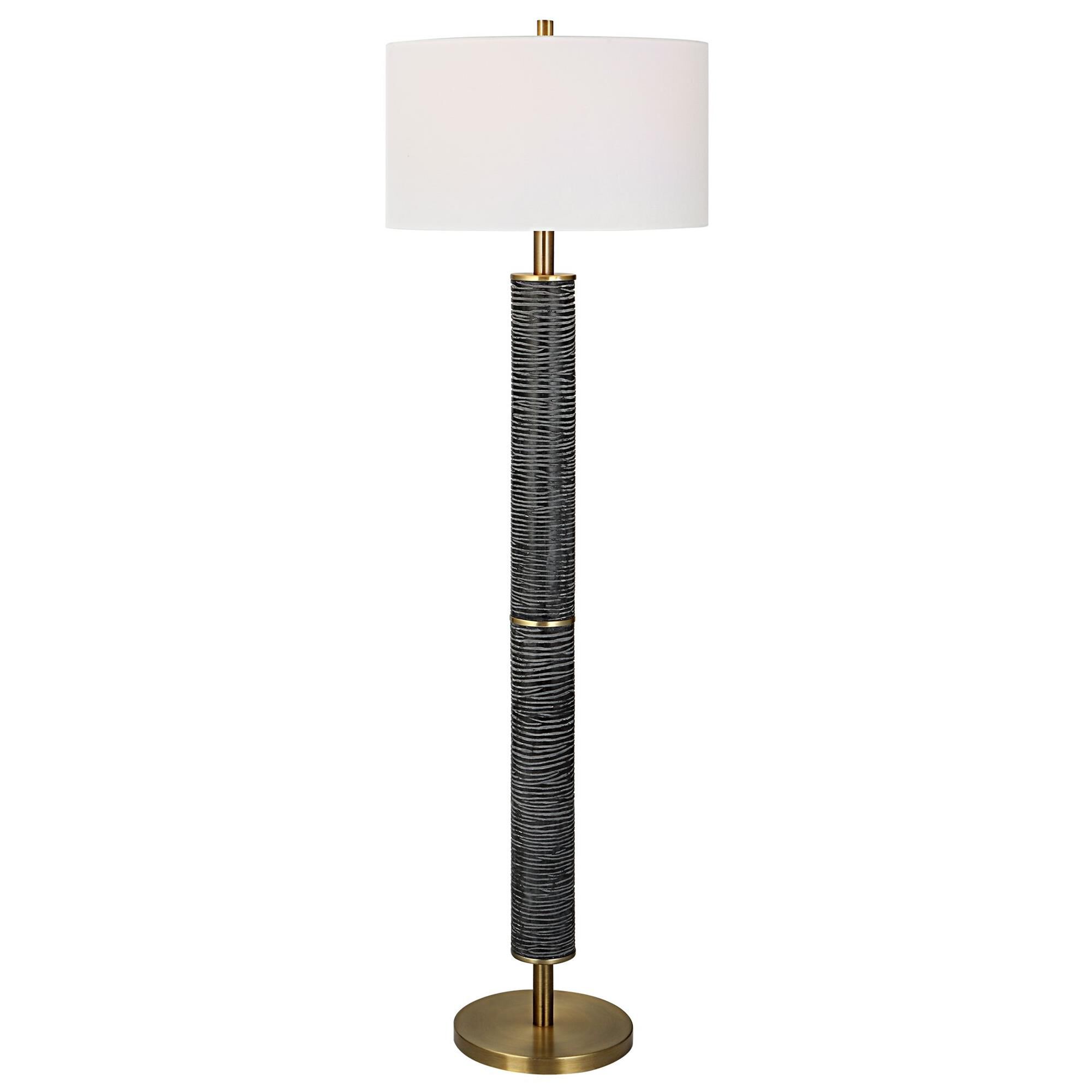 Shown in This Floor Lamp Features An Organically Carved Design In A Rustic Gray-Black With Solid Iron Details finish and Round Drum Hardback shade