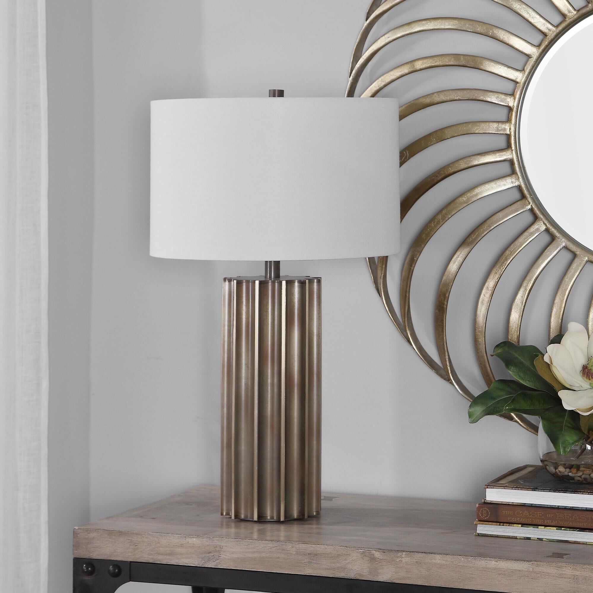 Shown in This Table Lamp Features A Deep Fluted Steel Base Finished In An Aged Gun Metal With Rust Distressin finish and Round Drum Hardback shade