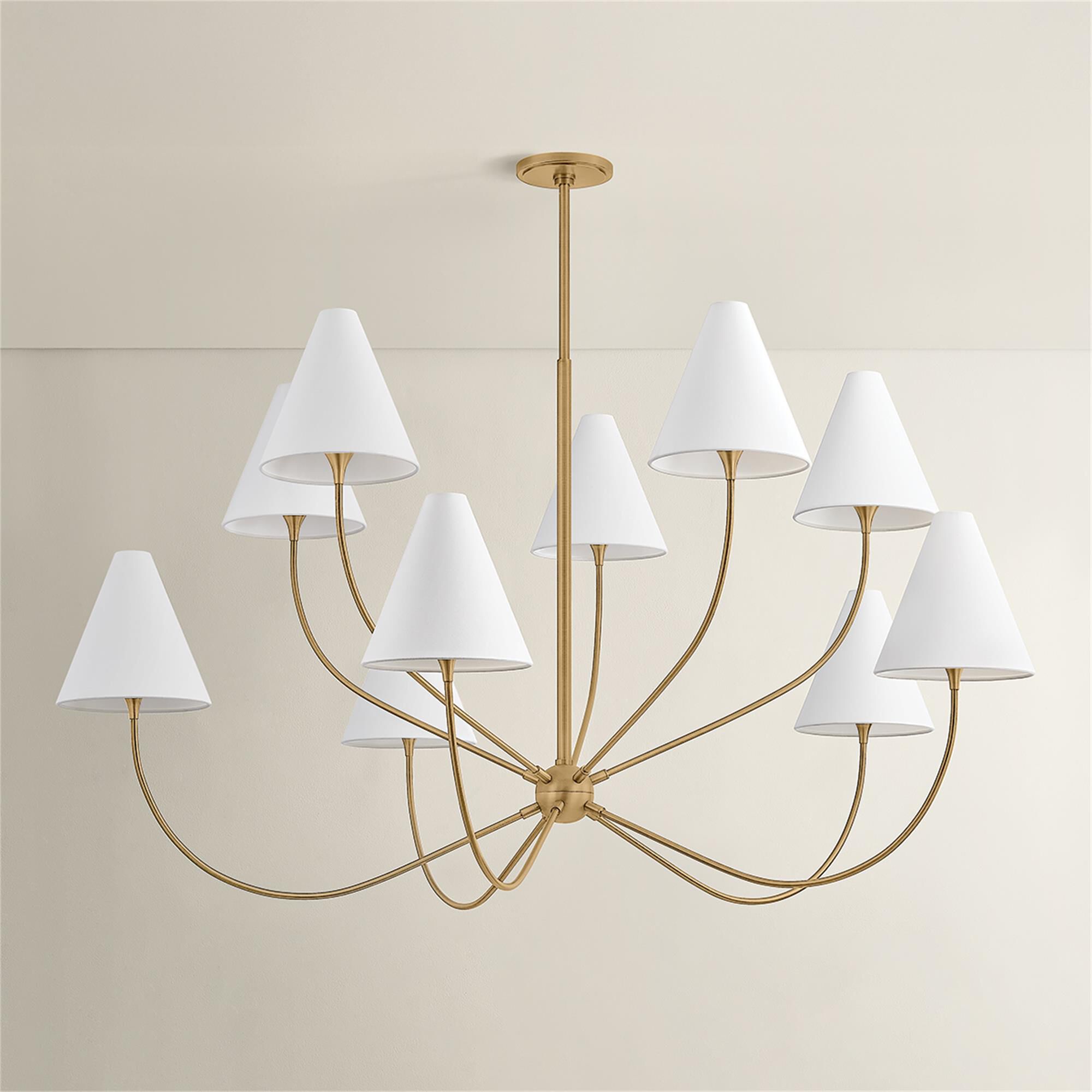 Shown in Patina Brass finish and Off White Linen shade