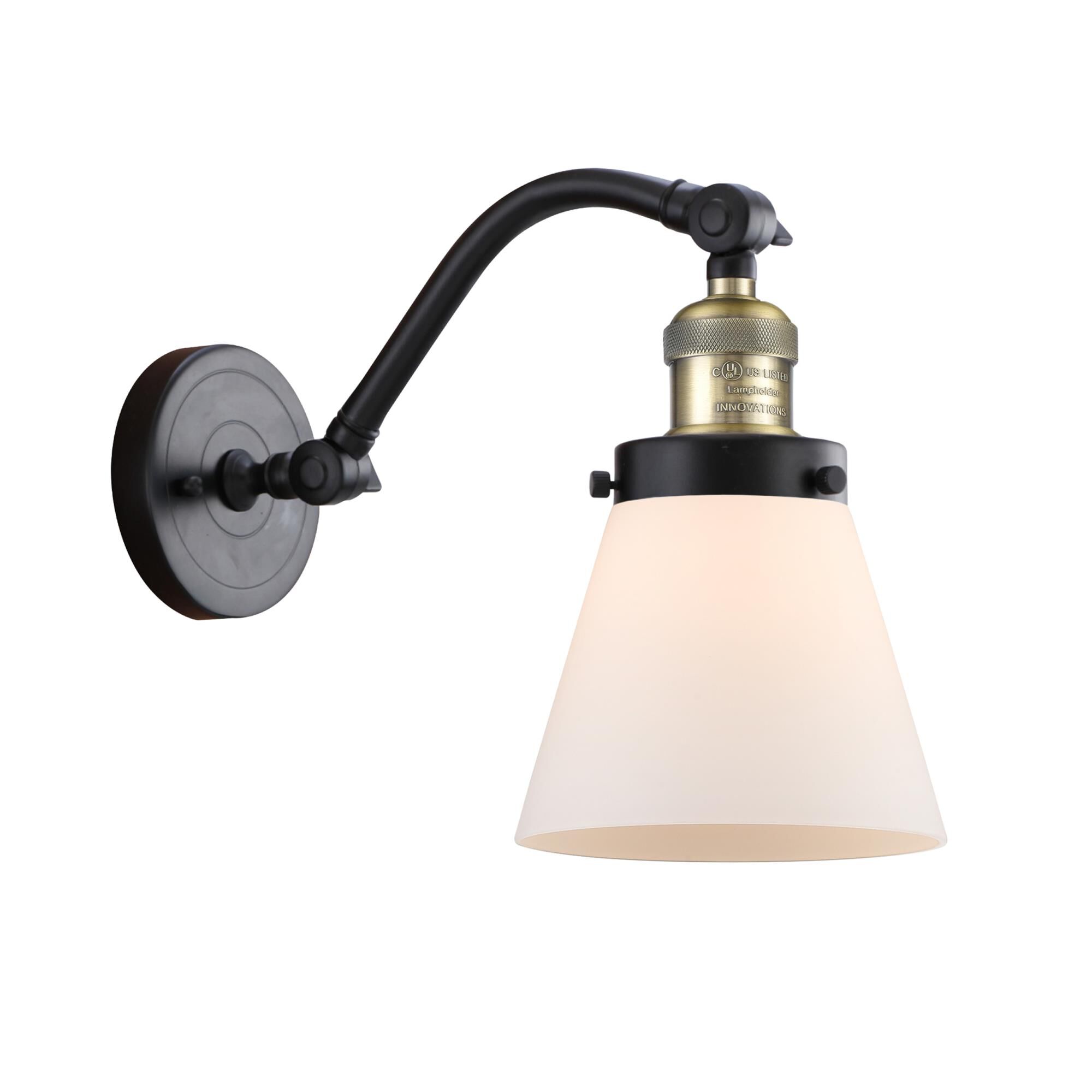 Shown in Black Antique Brass finish and Matte White Cased Small Cone glass