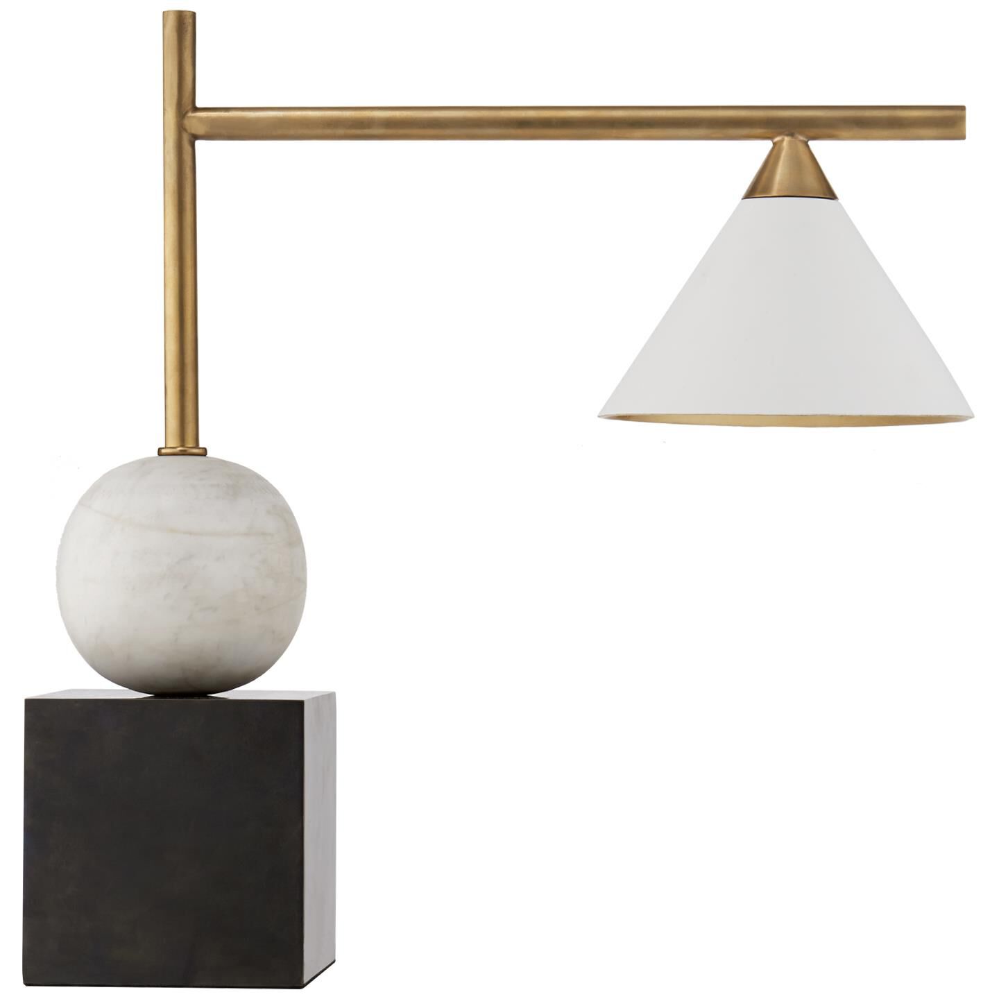 Shown in Bronze With Antique Brass finish and Matte White glass and Black shade
