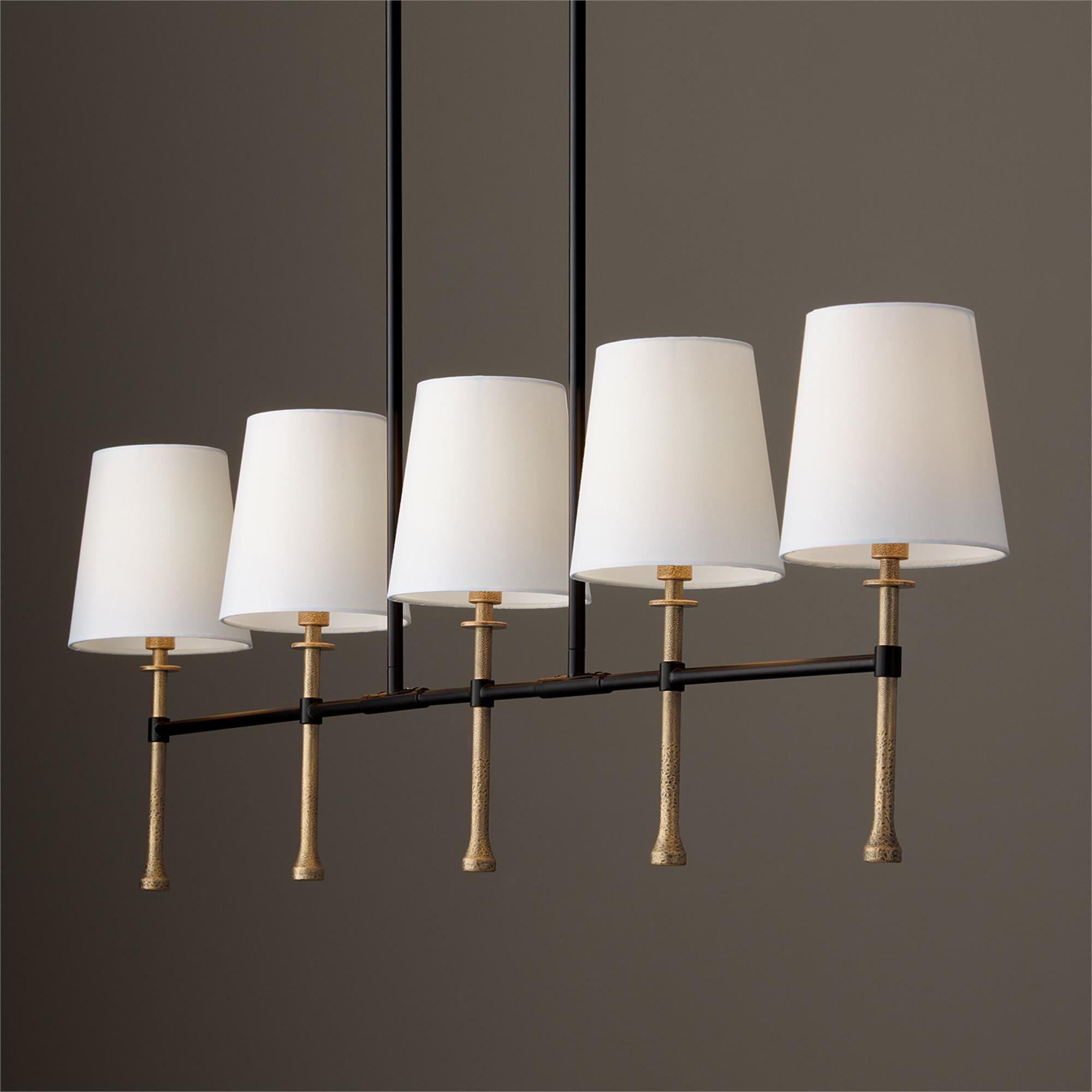 Shown in Matte Black With Hammered Gold finish and White Fabric Stay-Straight s shade