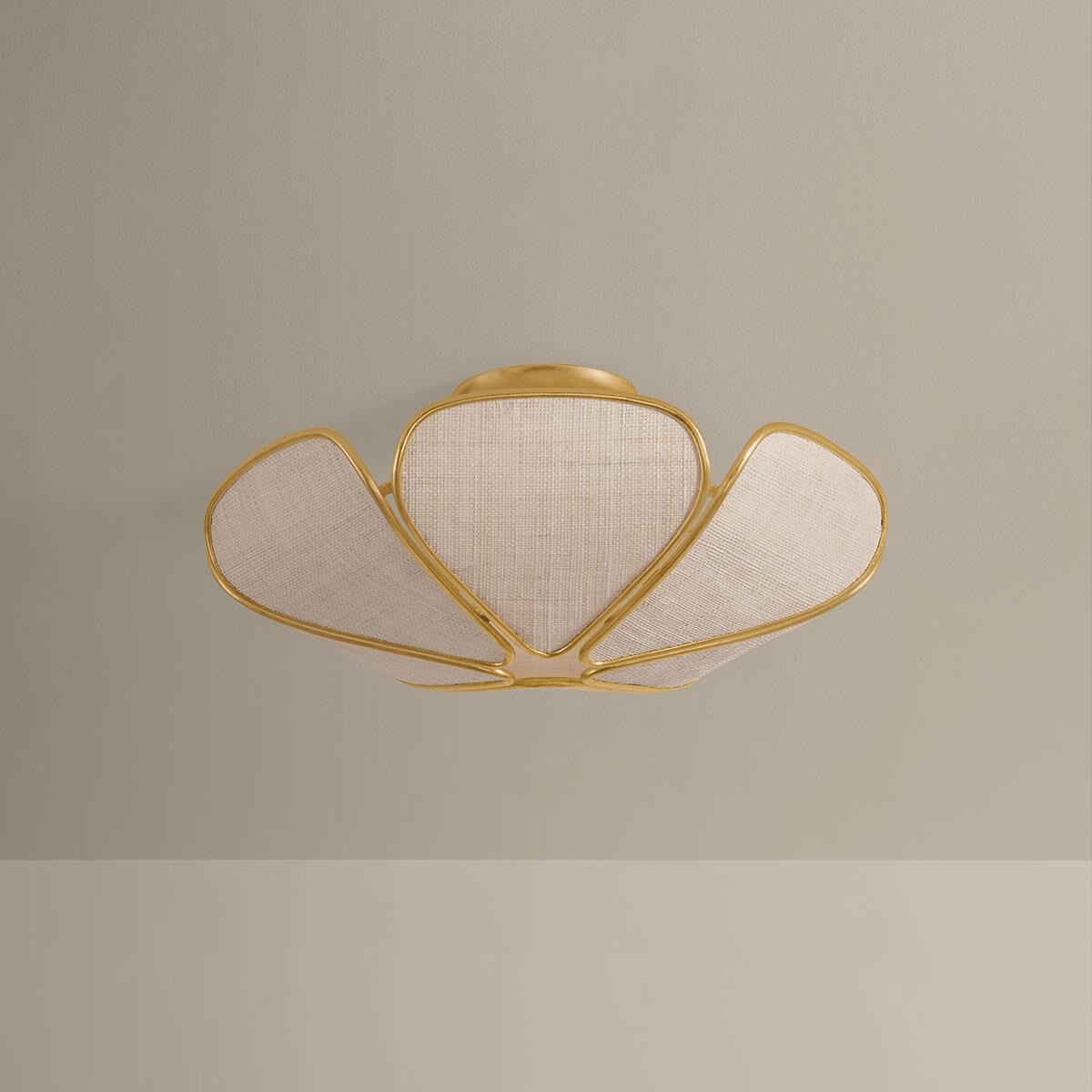 Shown in Vintage Gold Leaf finish and Natural Woven Saguran shade
