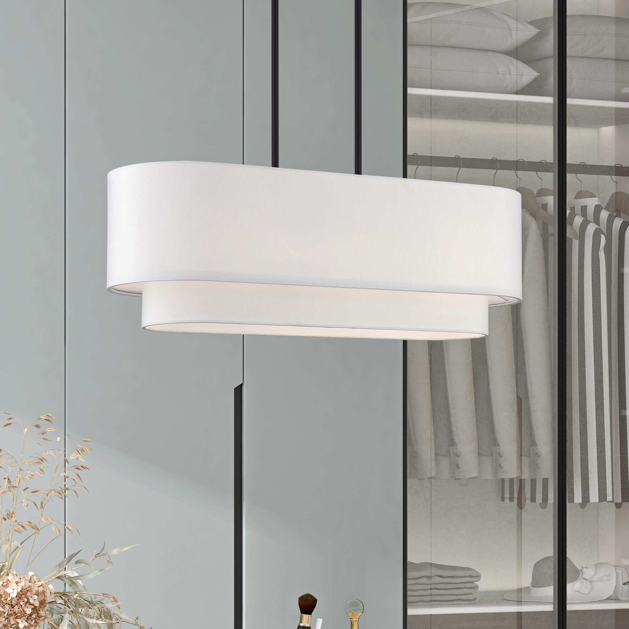 Shown in Bronze finish and Hand Crafted Off-White Fabric Hardbacks with White Fabric Inside shade