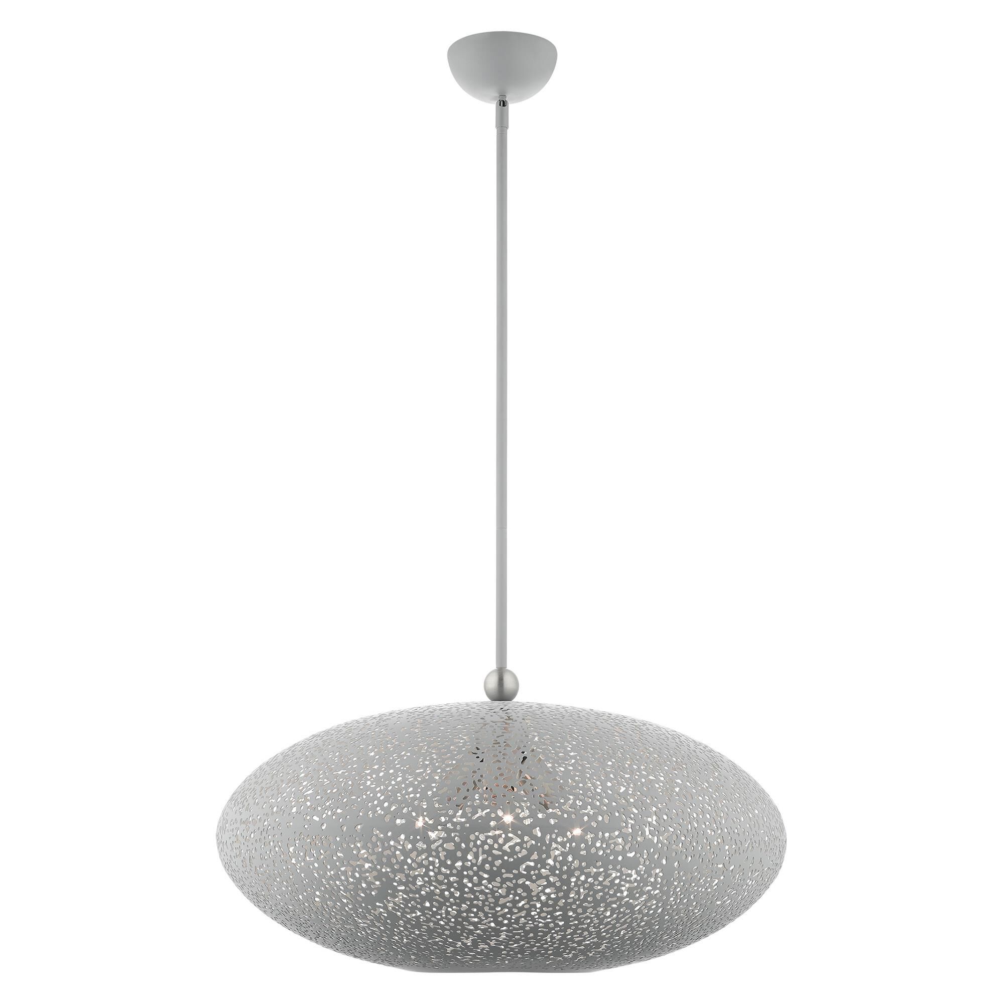 Shown in Nordic Gray With Brushed Nickel Accents finish and Nordic Gray Filigreed Metal Shade With White Finish Inside glass and Nordic Gray Filigreed Metal  With White Finish Inside shade