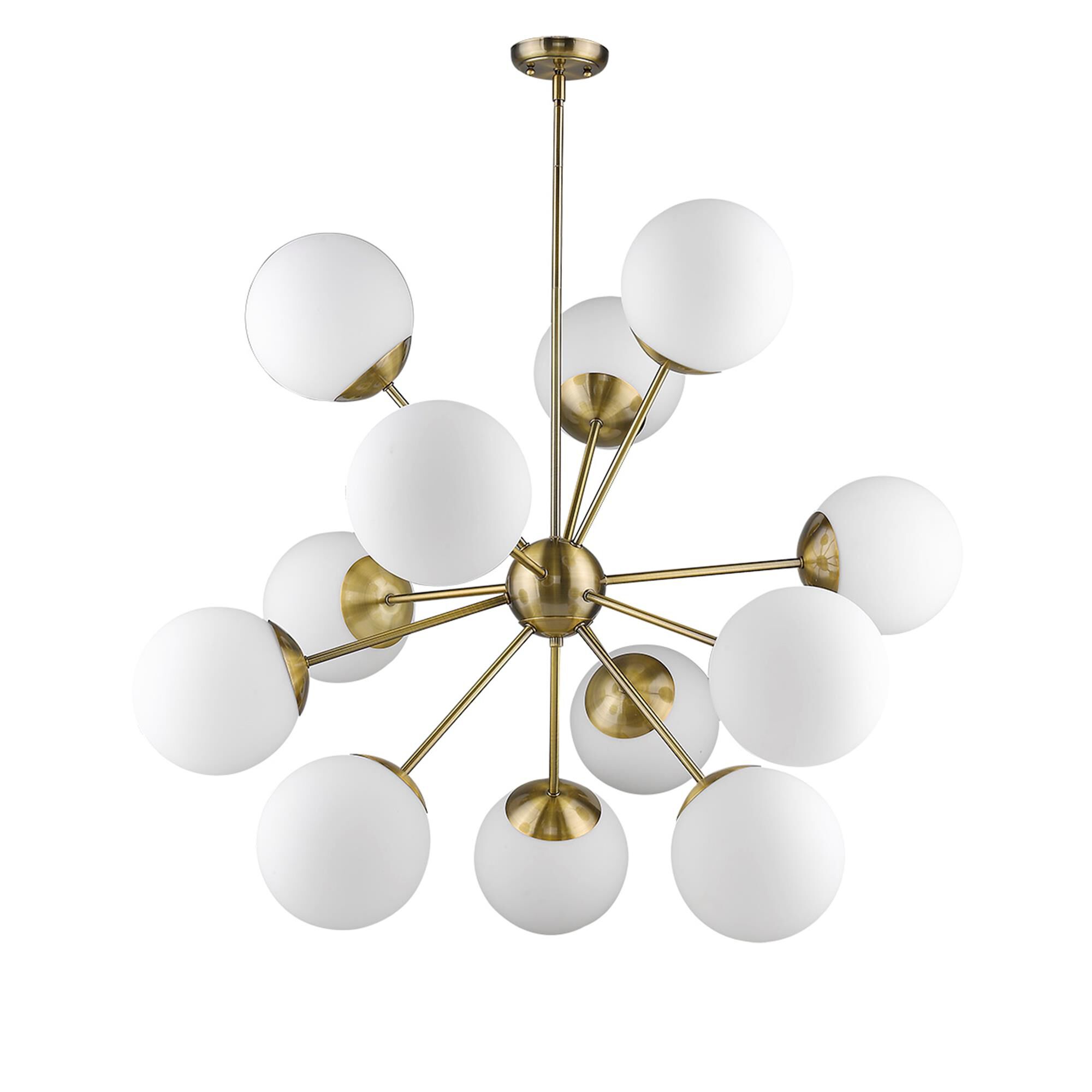 Shown in Antique Brass finish and Opal glass and Opal Glass Globes shade